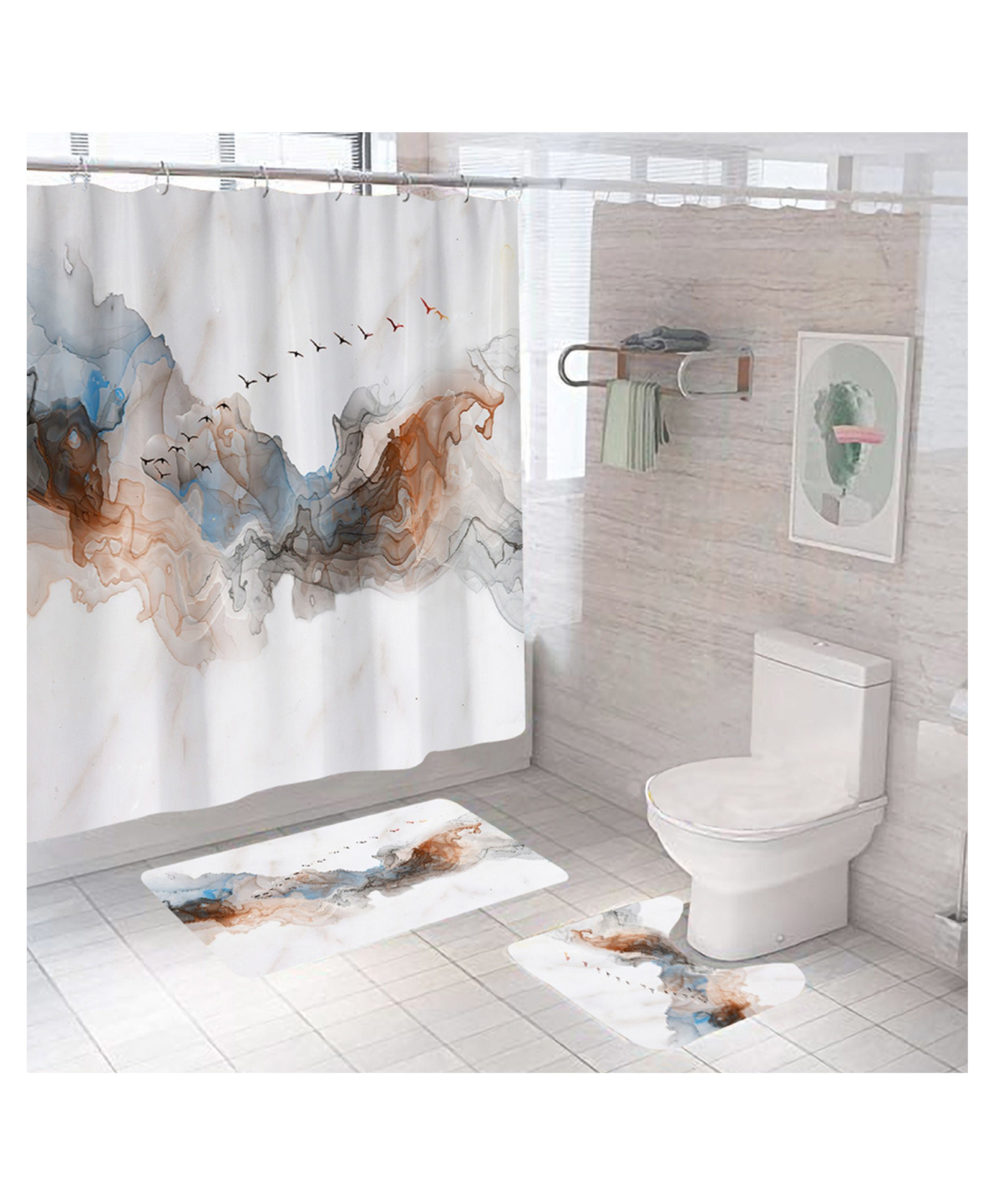 UMAI 7ft Shower Curtain & Bathmats - Anti Slip, Waterproof, Quick Dry - Multicolour Bath Decor Set-image-1