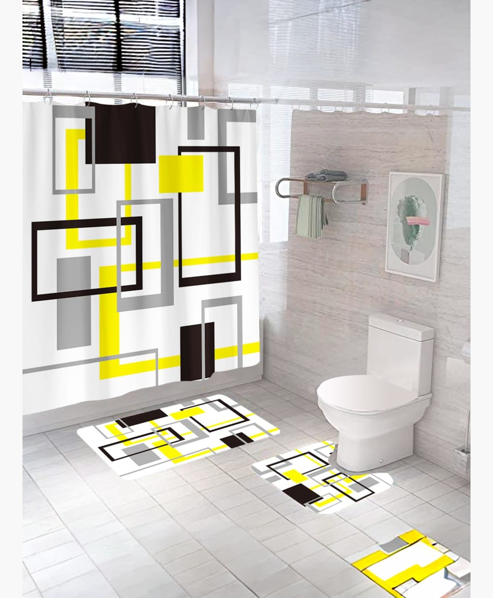 UMAI Shower Curtain & Bathmat 3 Pcs Set|Easy-Slide Curtains|Quick Dry,Soft Mats (Geometric-Yellow,Grey,Black)-image-36