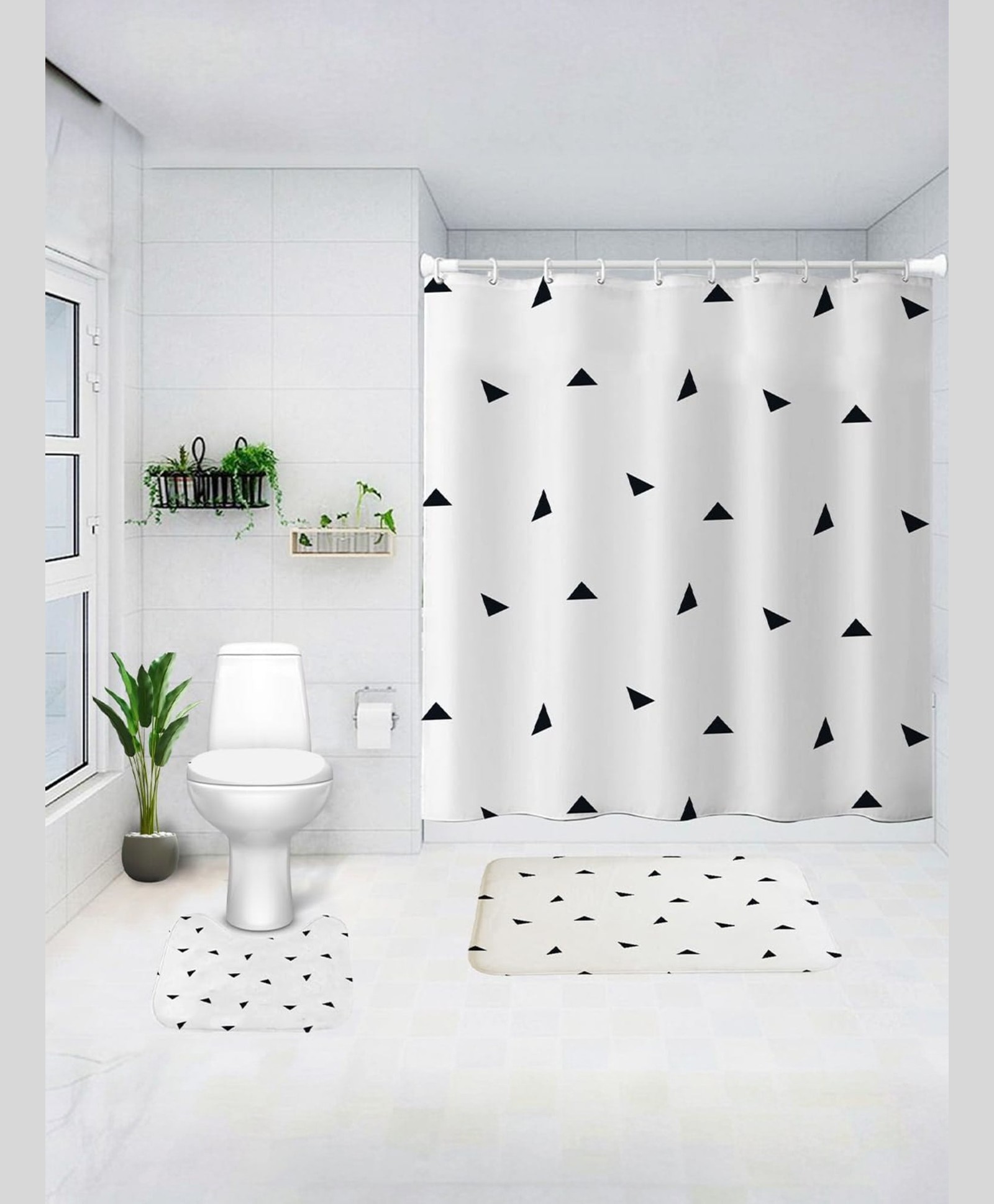UMAI Shower Curtain & Bathmat 3 Pcs Set|Easy-Slide Curtains|Quick Dry,Soft Mats (Geometric-Triangles)-picture-14