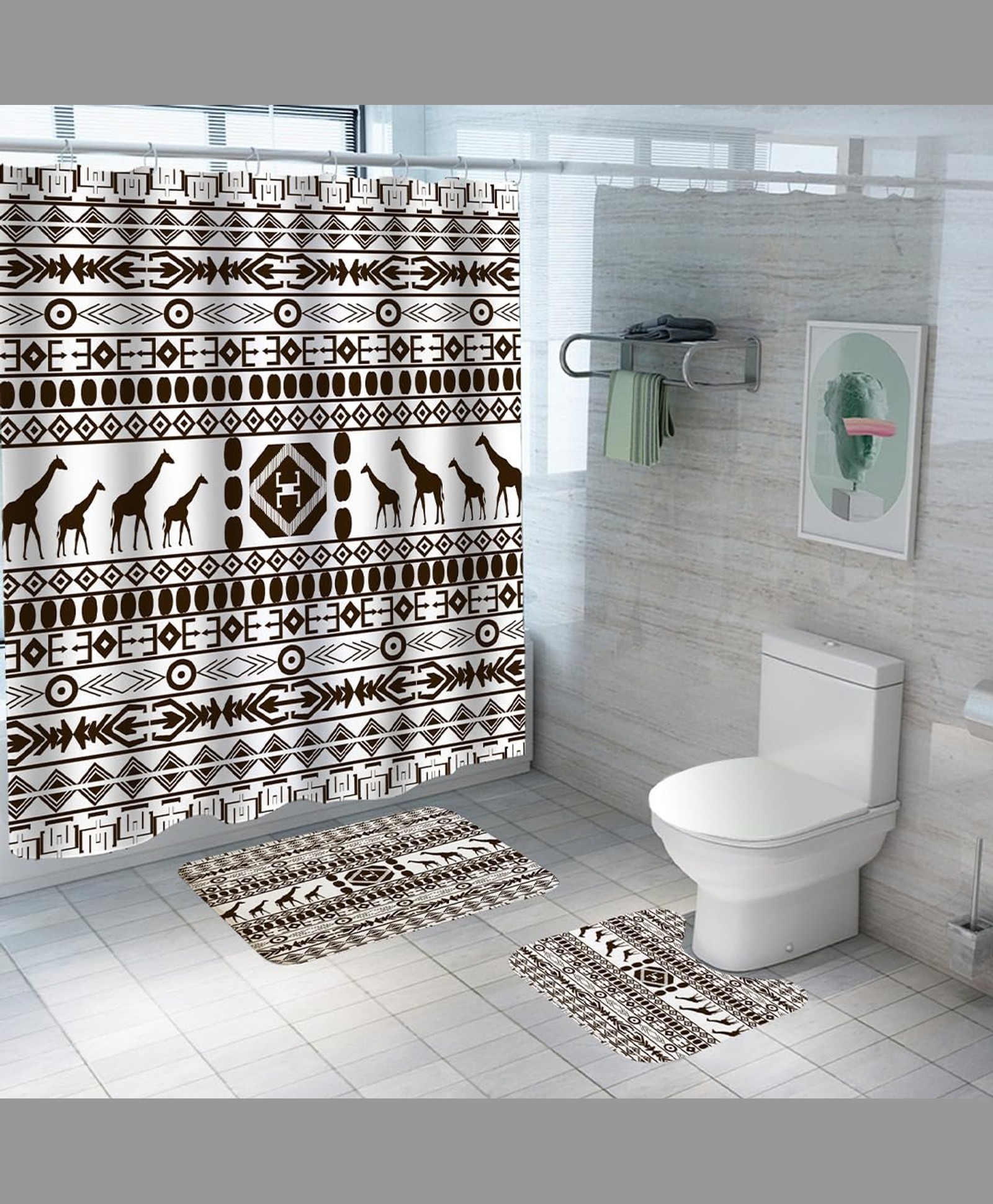 UMAI Shower Curtain & Bathmat 3 Pcs Set|Easy-Slide Curtains|Quick Dry,Soft Mats (Black & White Boho)-picture-15