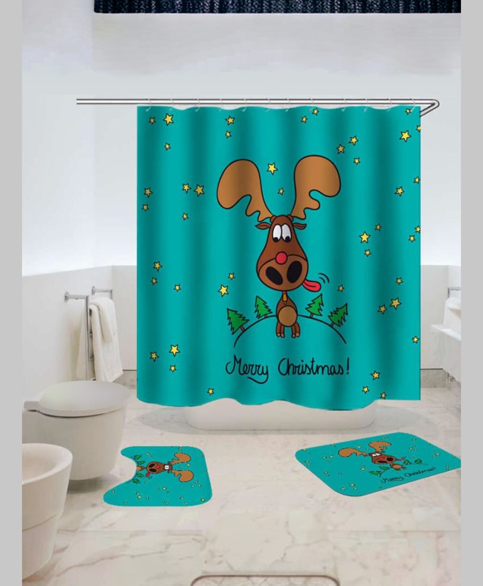 UMAI Shower Curtain & Bathmat 3 Pcs Set|Easy-Slide Curtains|Quick Dry,Soft Mats (Christmas Reindeer)-picture-11