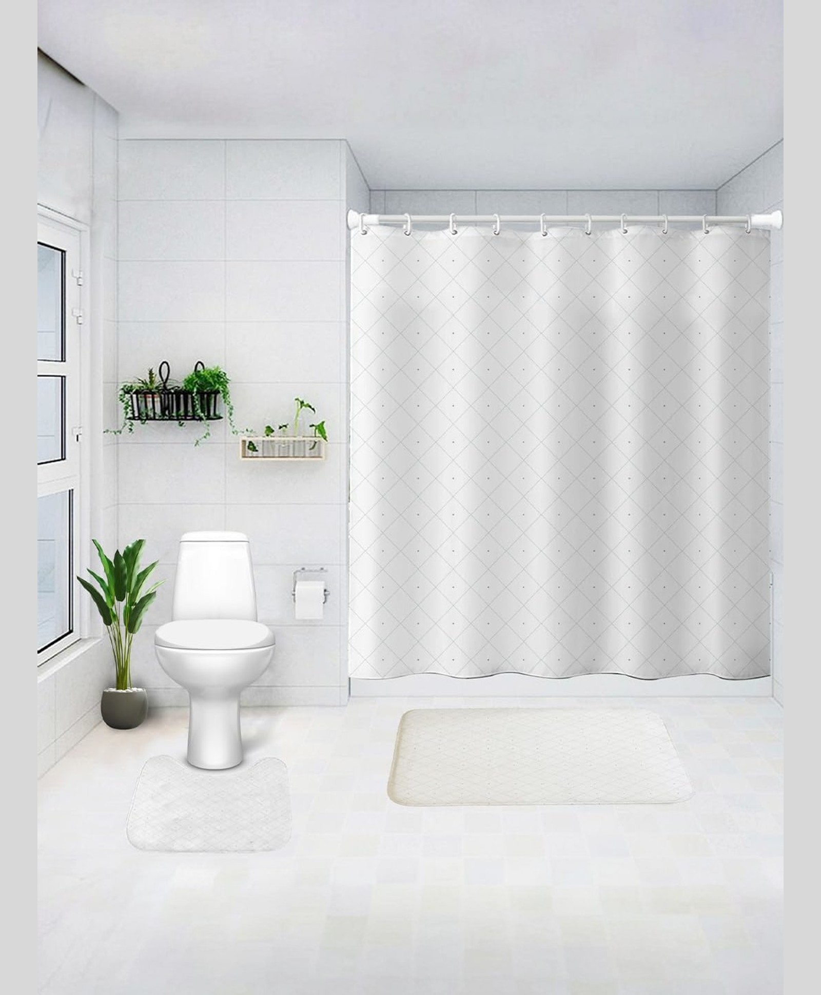 UMAI Shower Curtain & Bathmat 3 Pcs Set|Easy-Slide Curtains|Quick Dry,Soft Mats (White Criss Cross)-picture-12