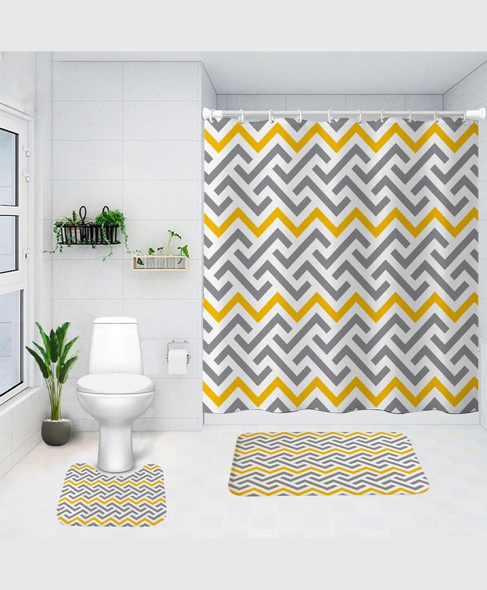 UMAI Shower Curtain & Bathmat 3 Pcs Set|Easy-Slide Curtains|Quick Dry,Soft Mats (Yellow-Grey Wave)-picture-5