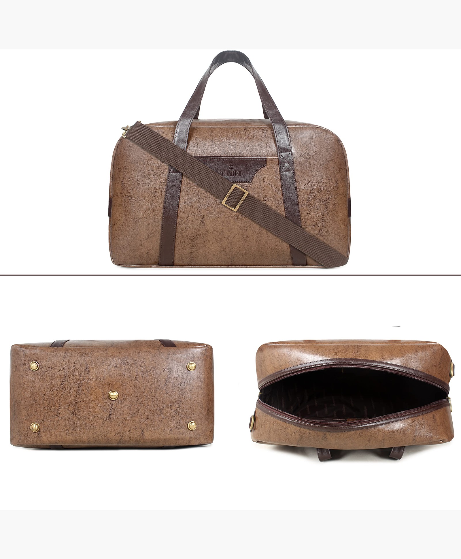 The Clownfish Romer 27 Litres Unisex Faux Leather Travel Duffle Bag (Brown)-picture-3