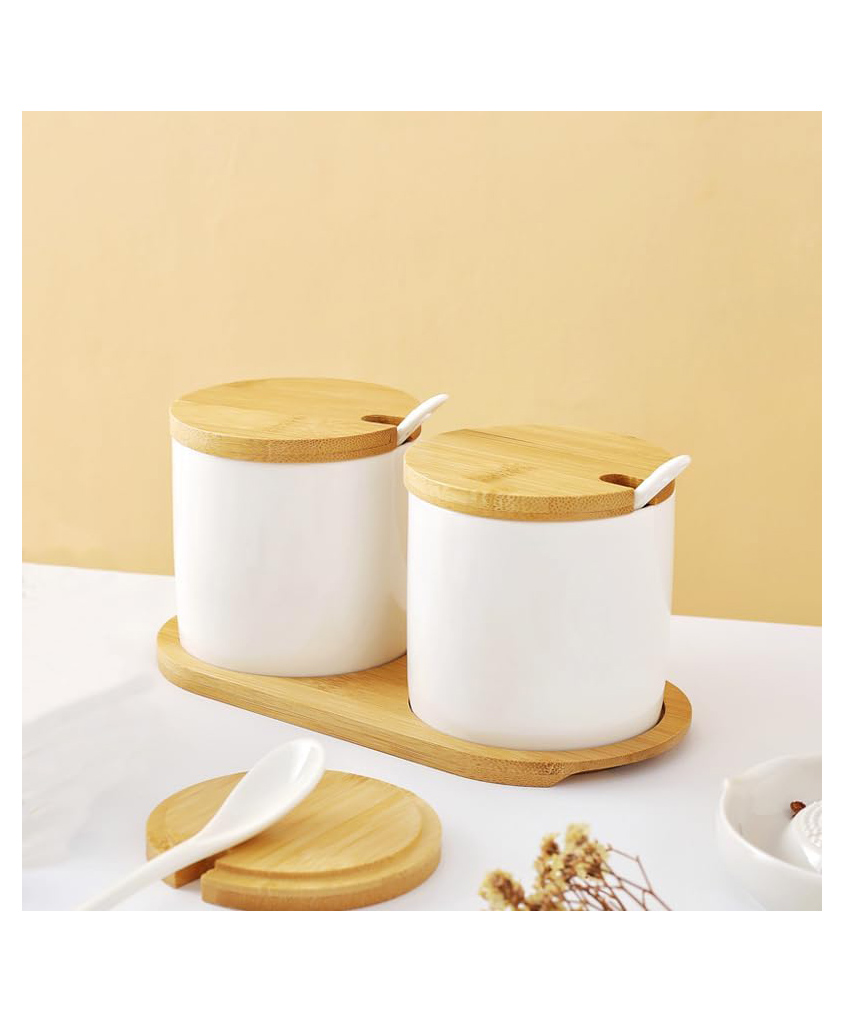 UMAI 3 pcs Ceramic canister set with wooden spoon |250ml | White | BK03WT-image-9