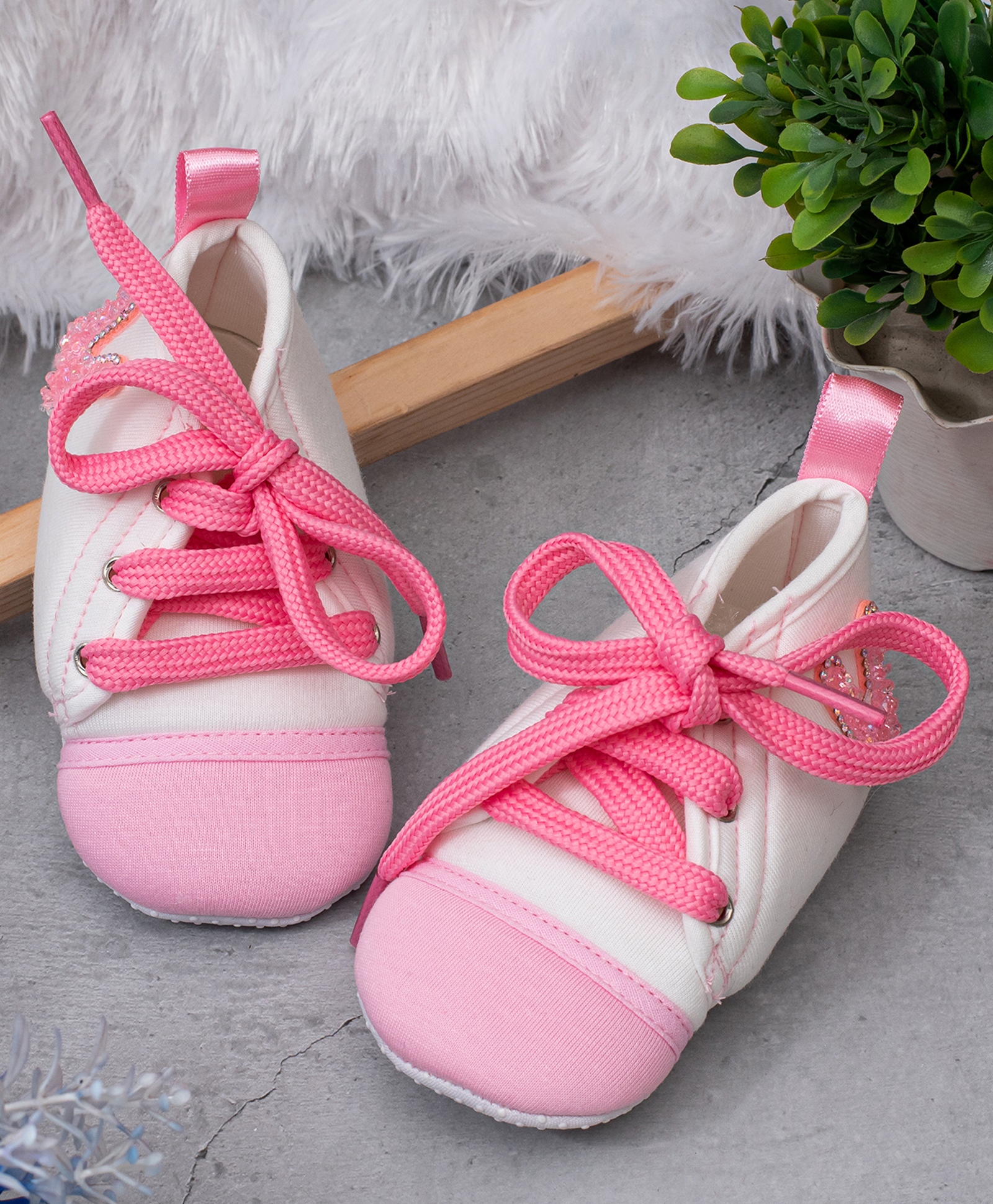 Daizy Abstract Stone Detailed Laced Up Booties - White And Baby Pink-image-6