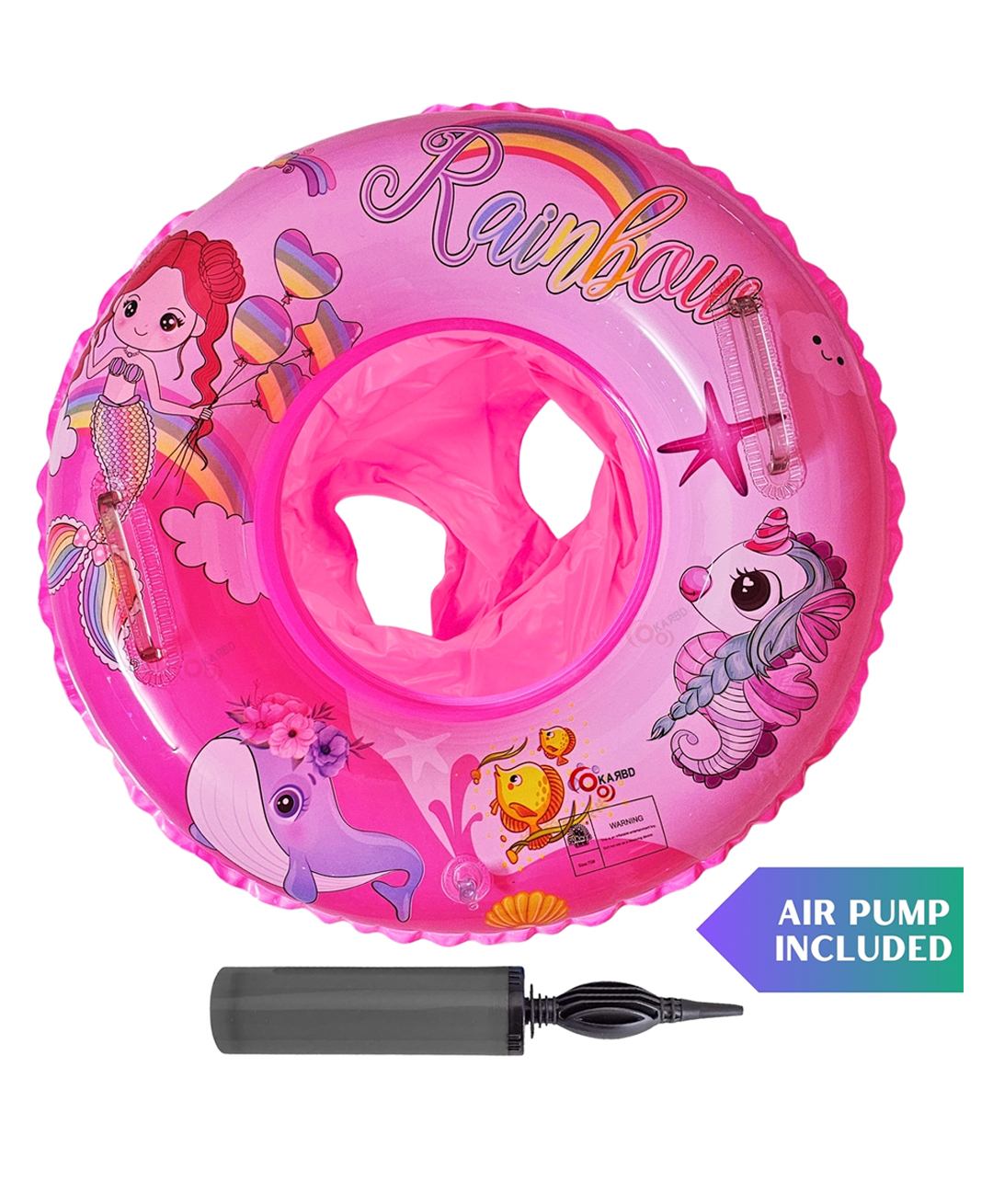 KARBD Inflatable Swimming Ring with Air Pump Swim Seat Float Tube with Handles - Pink Rainbow Design-image-33