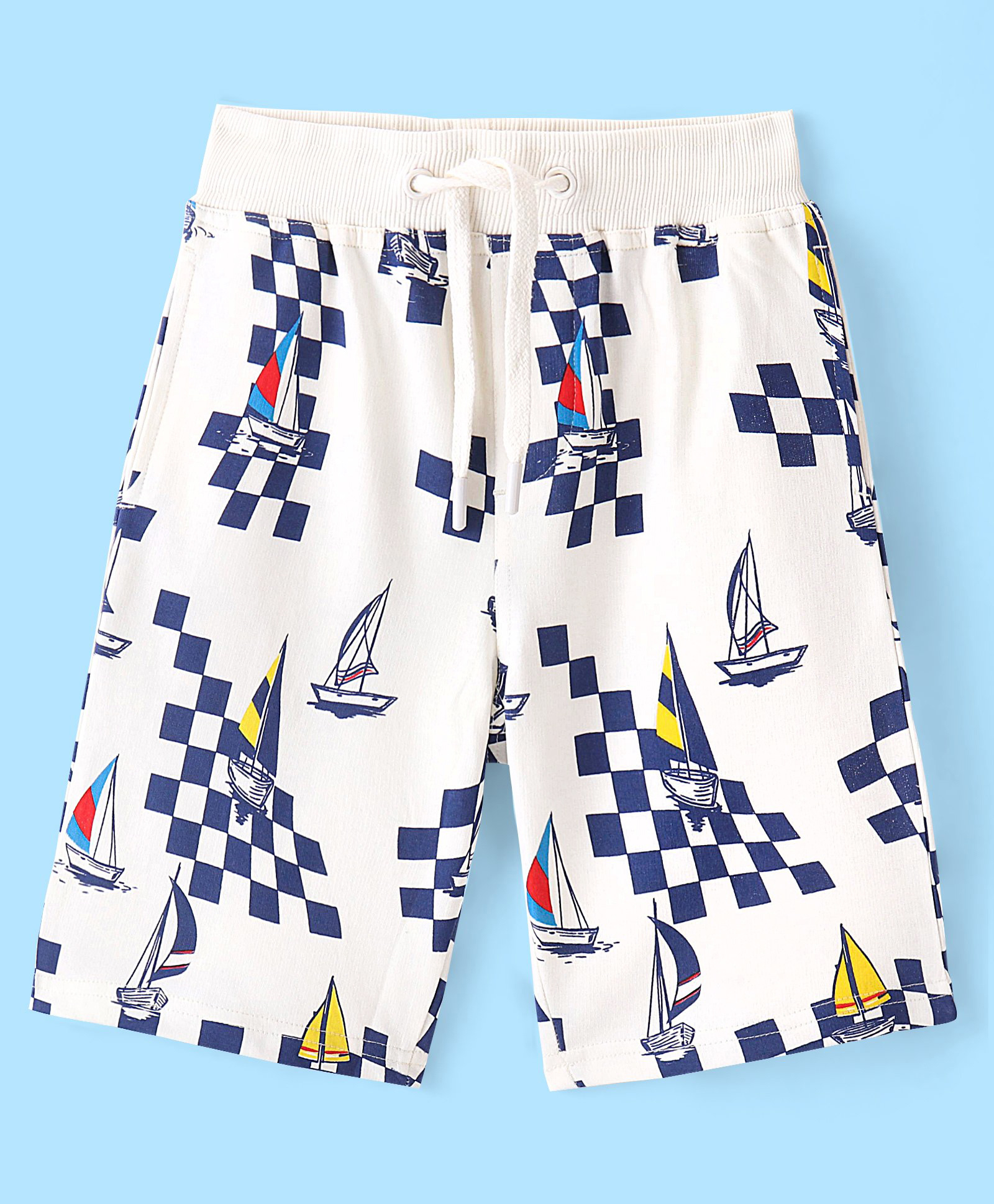 Pine Kids 100% Cotton Knit Above Knee Length Shorts with Boat Print - White-picture-37
