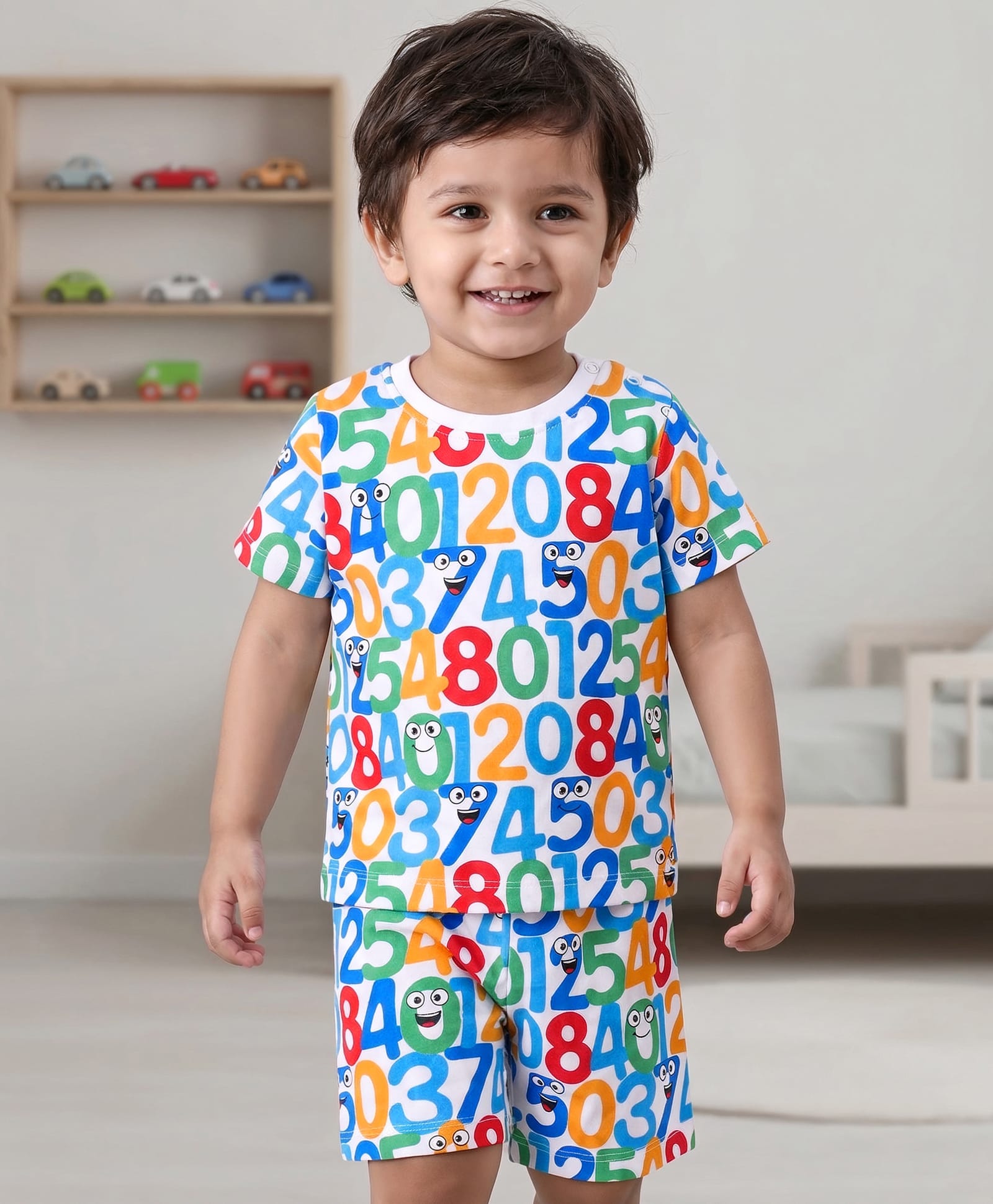 Babyhug Cotton Knit Half Sleeves Night Suit Number Print - Multicolor-image-3