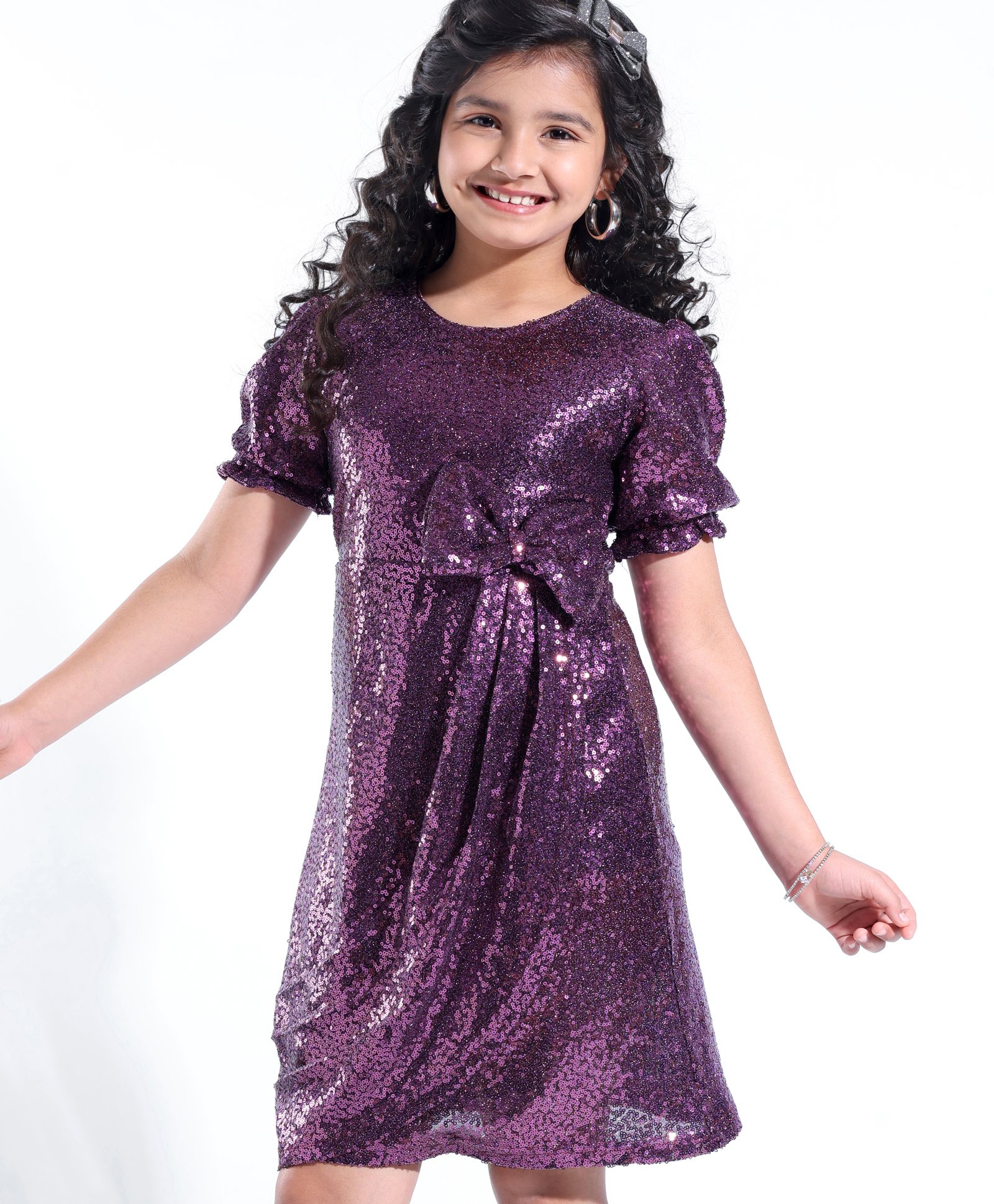 Hola Bonita Knit Puff Sleeve Side Cowl Sequinned Party Frock With Bow- Purple-image-34