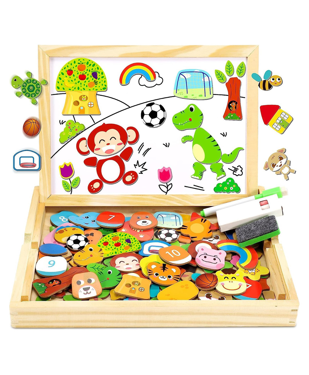 YAMAMA Wooden Magnetic Board Puzzle Toys 2 In 1 Magnetic Board Puzzle Games Animal Pattern Double Sided Jigsaw Drawing Easel Blackboard Educational Wood Board Game Toys For Kids Boys Girls 70 pcs - Multicolor