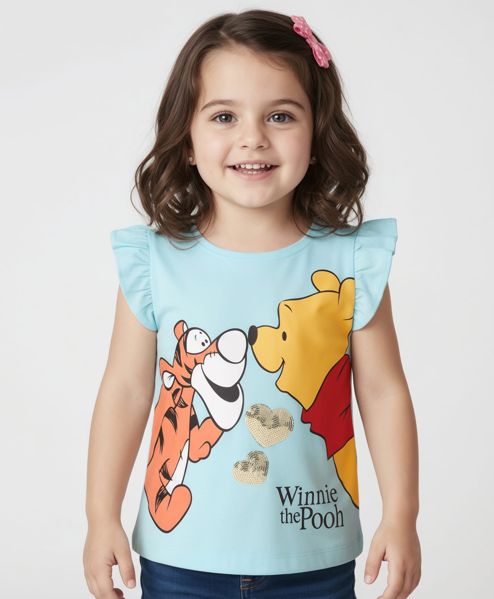 Babyhug Disney Cotton Knit Half Sleeves T-Shirt with Frill Detailing, Sequins Heart Detailing & Winnie the Pooh Graphics - Blue-picture-20
