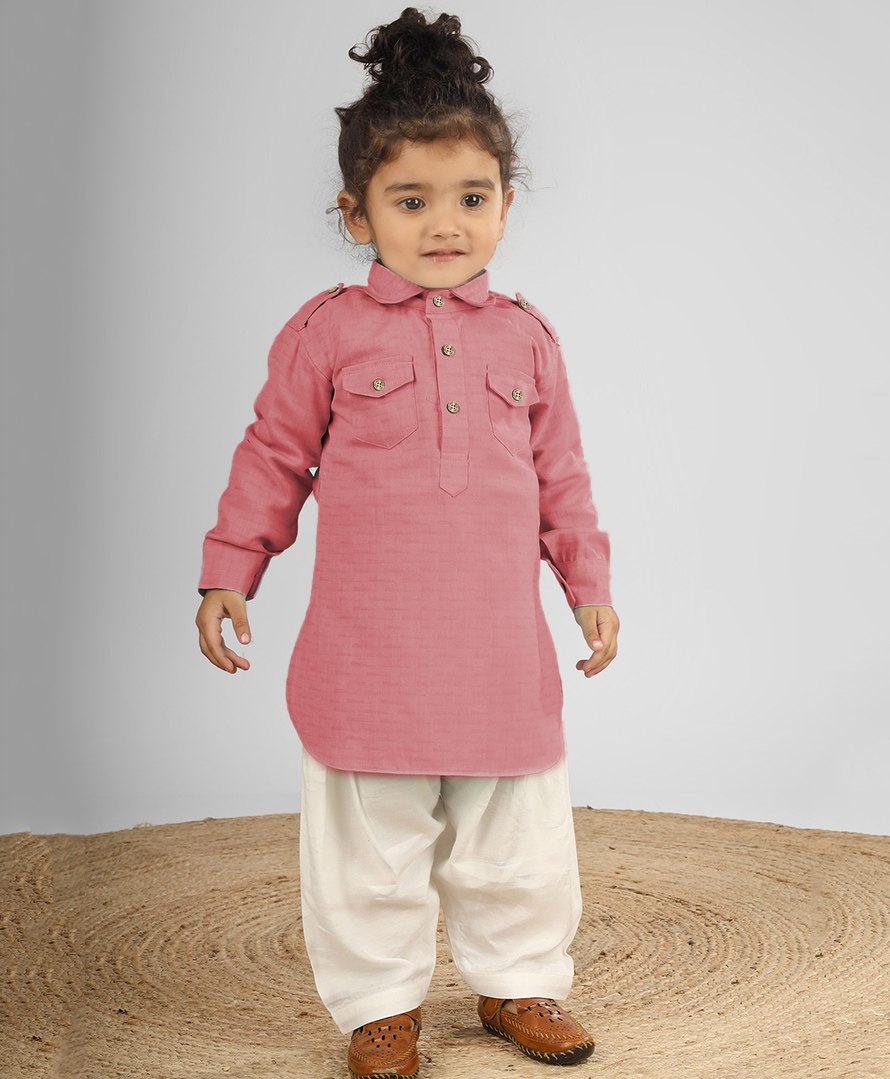 Polka Tots Full Sleeves Abstract Design Printed Pathani Set - Pink-image-32