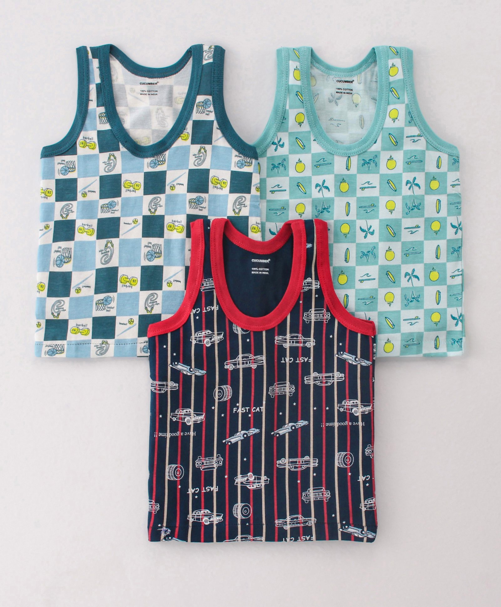 CUCUMBER  Sinker Knit  Sleeveless Set Of Vests Car & Surf Board Print Pack of 3 - Light Sea Blue White & Navy-image-38