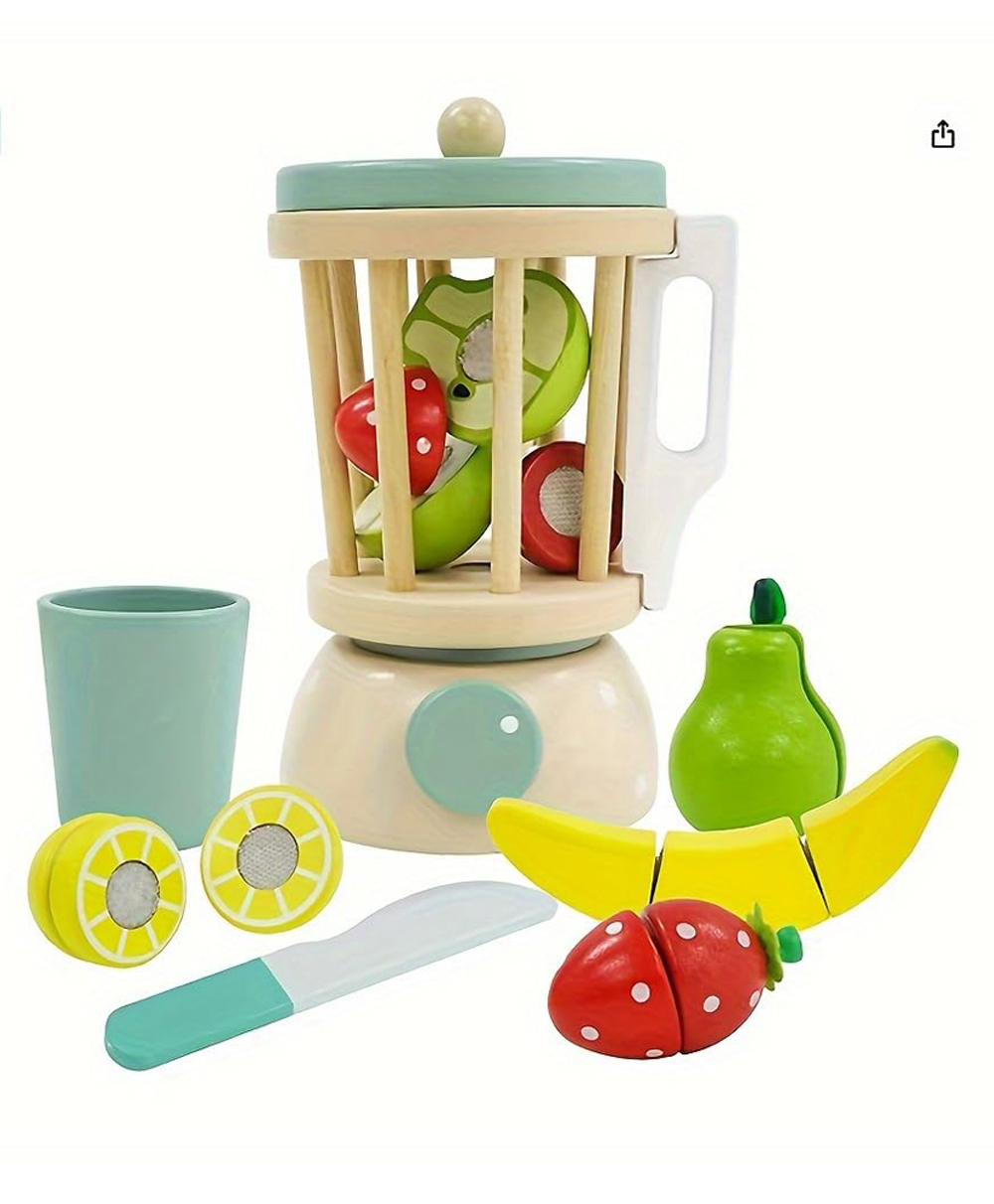 Happy Hues Wooden Juicer-Blender Toy Set 7 Pcs Pretend Play Kitchen Food Set- Pretend Cutting Fruits Kitchen Toy Accessories for Kids-image-22