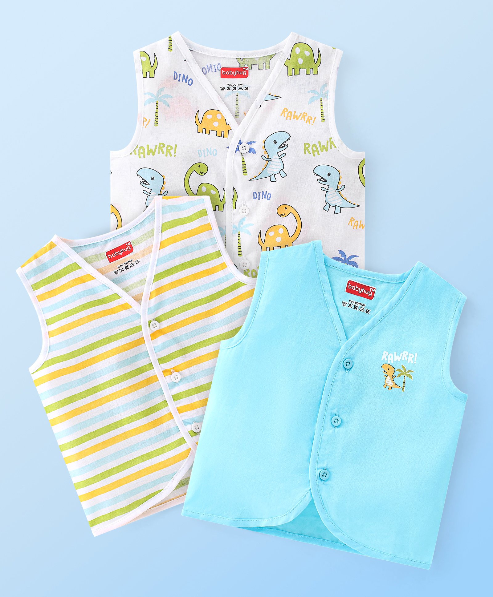 Babyhug 100% Cotton Knit Sleeveless Jhablas Striped & Dino Print Pack of 3 - Blue & White-picture-26