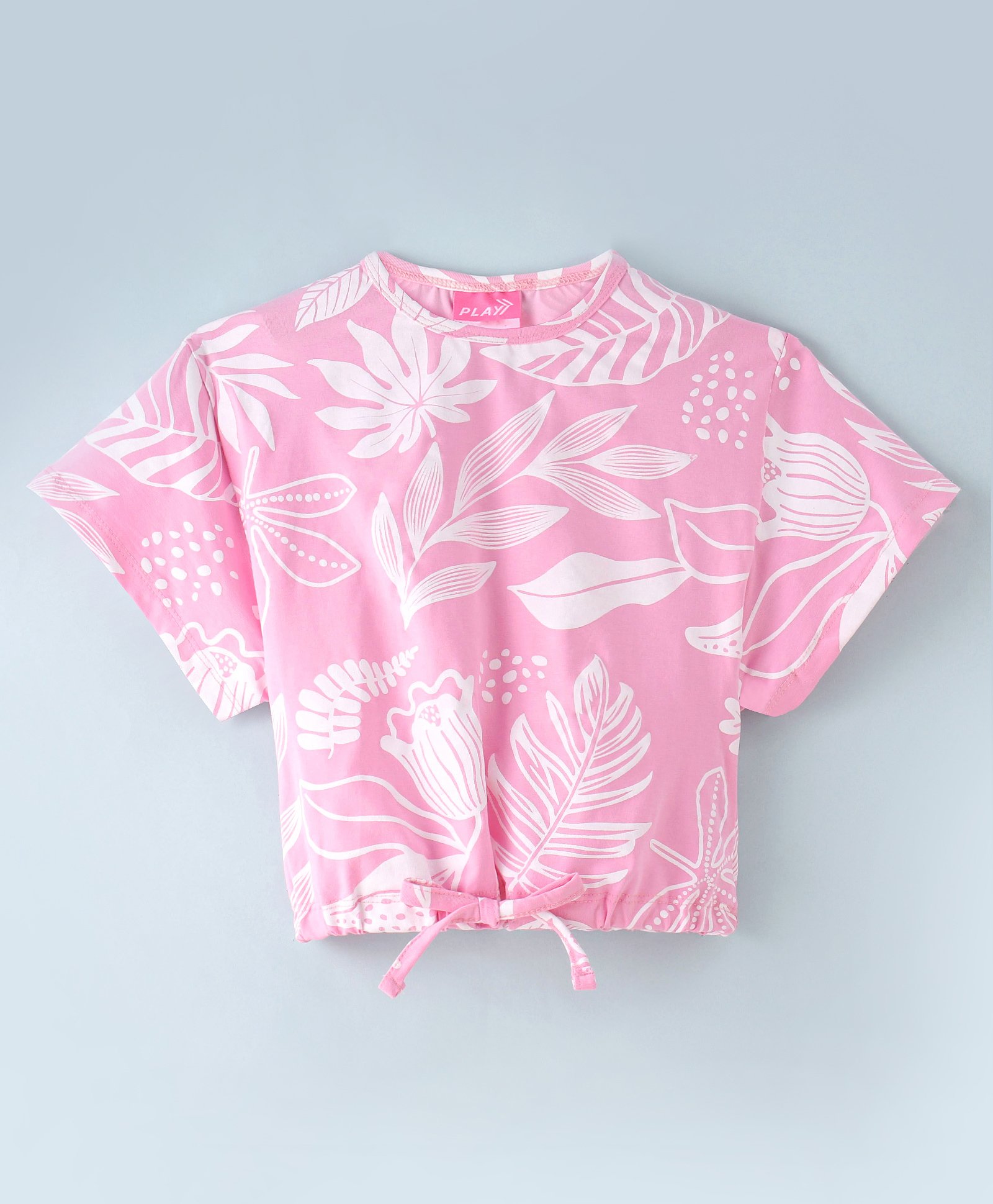 Little Kangaroos Cotton Lycra Knit Half Sleeves Top Tropical Print - Pink-picture-12