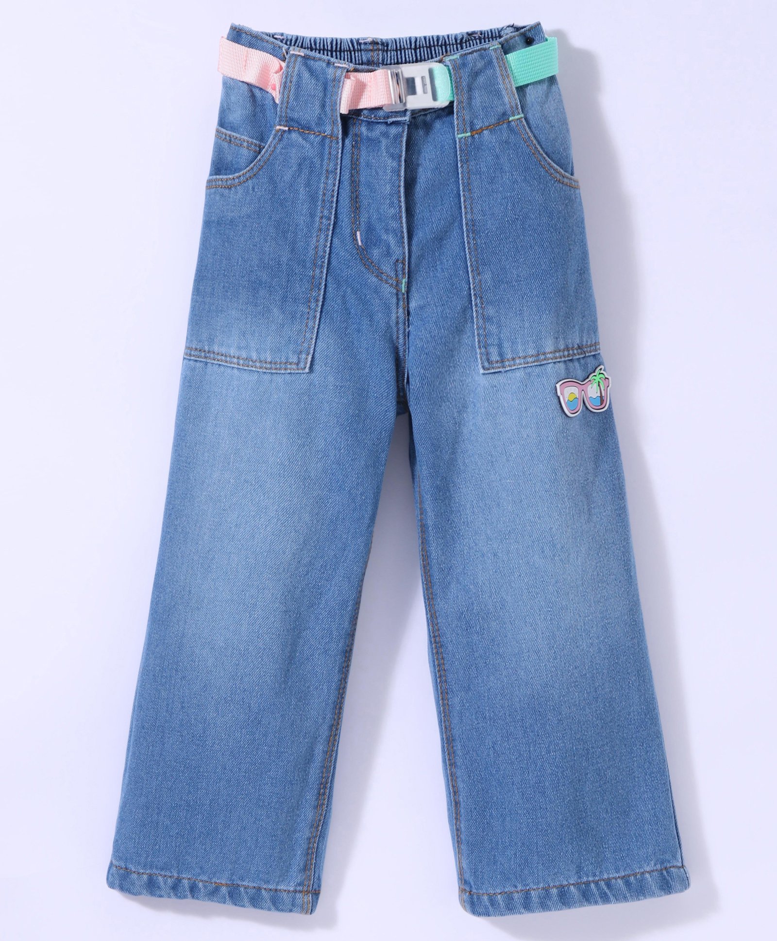 Little Kangaroos Cotton Full Length Denim Jeans with Belt - Medium Blue-picture-19