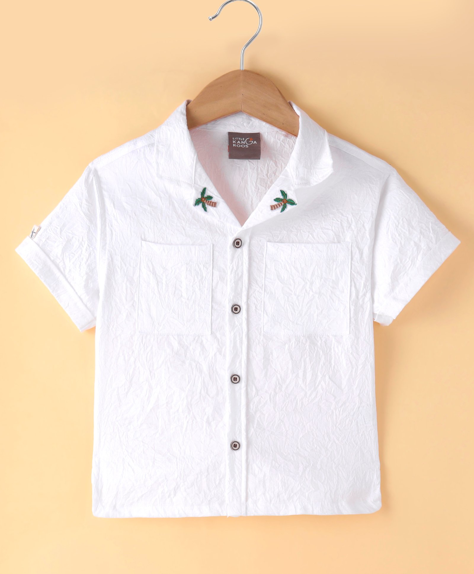 Little Kangaroos Cotton Knit Half Sleeves Shirt Palm Tree Embroidery - White-image-21