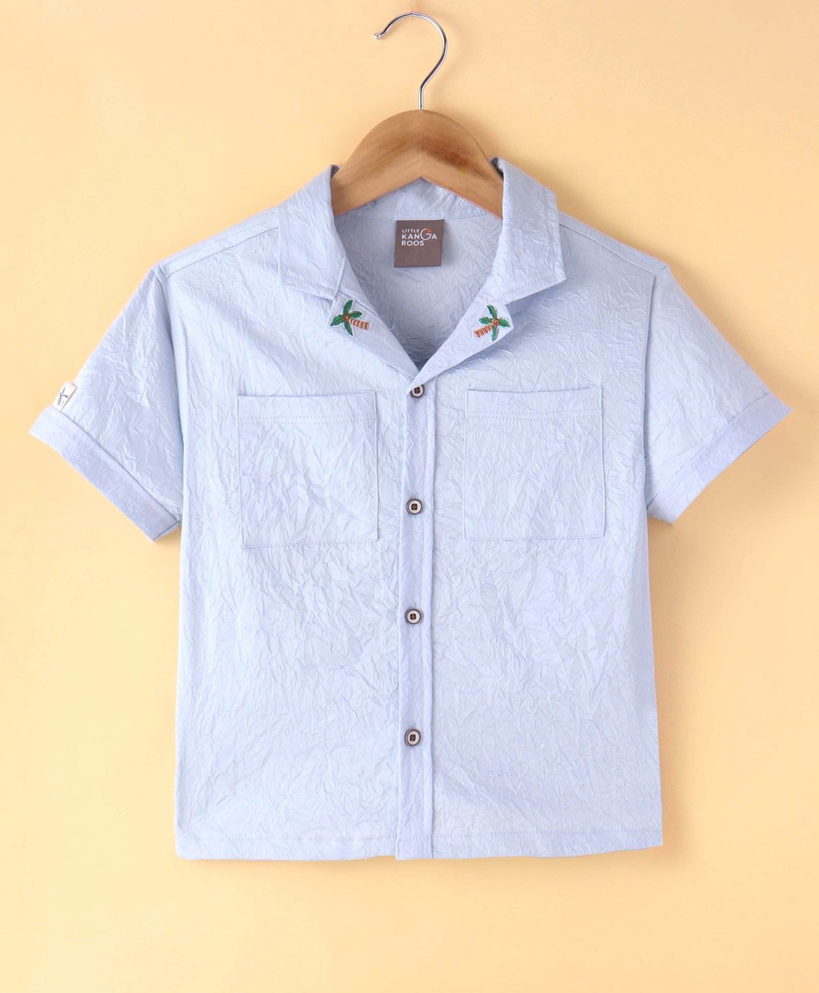 Little Kangaroos Cotton Knit Half Sleeves Shirt Palm Tree Embroidery - Sky Blue-image-22