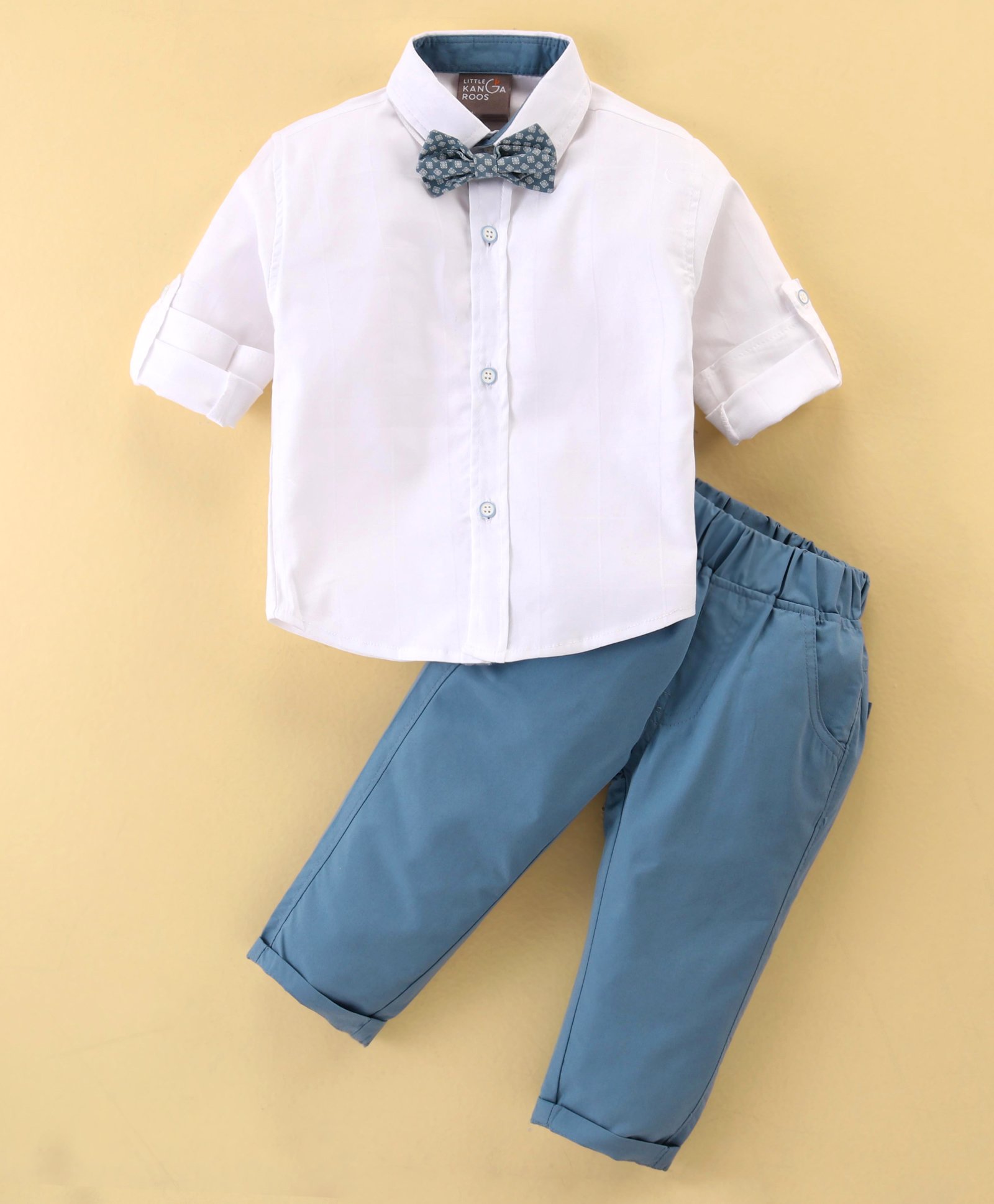 Little Kangaroos Full Sleeves Solid Color Shirt & Trousers Set With Bow- White-image-30
