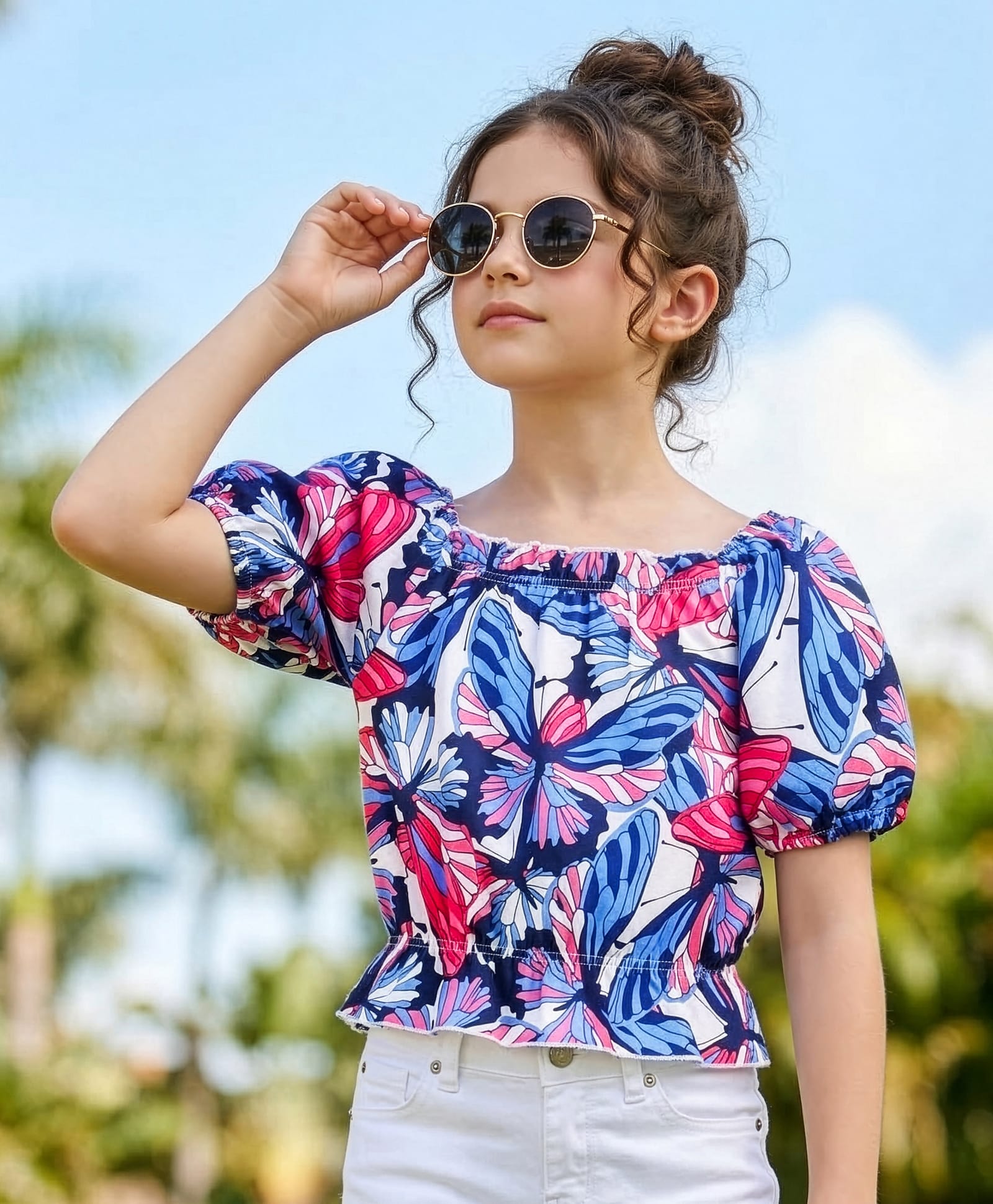 Pine Kids Cotton Half Sleeves Top Butterfly Print - Multicolor-image-48