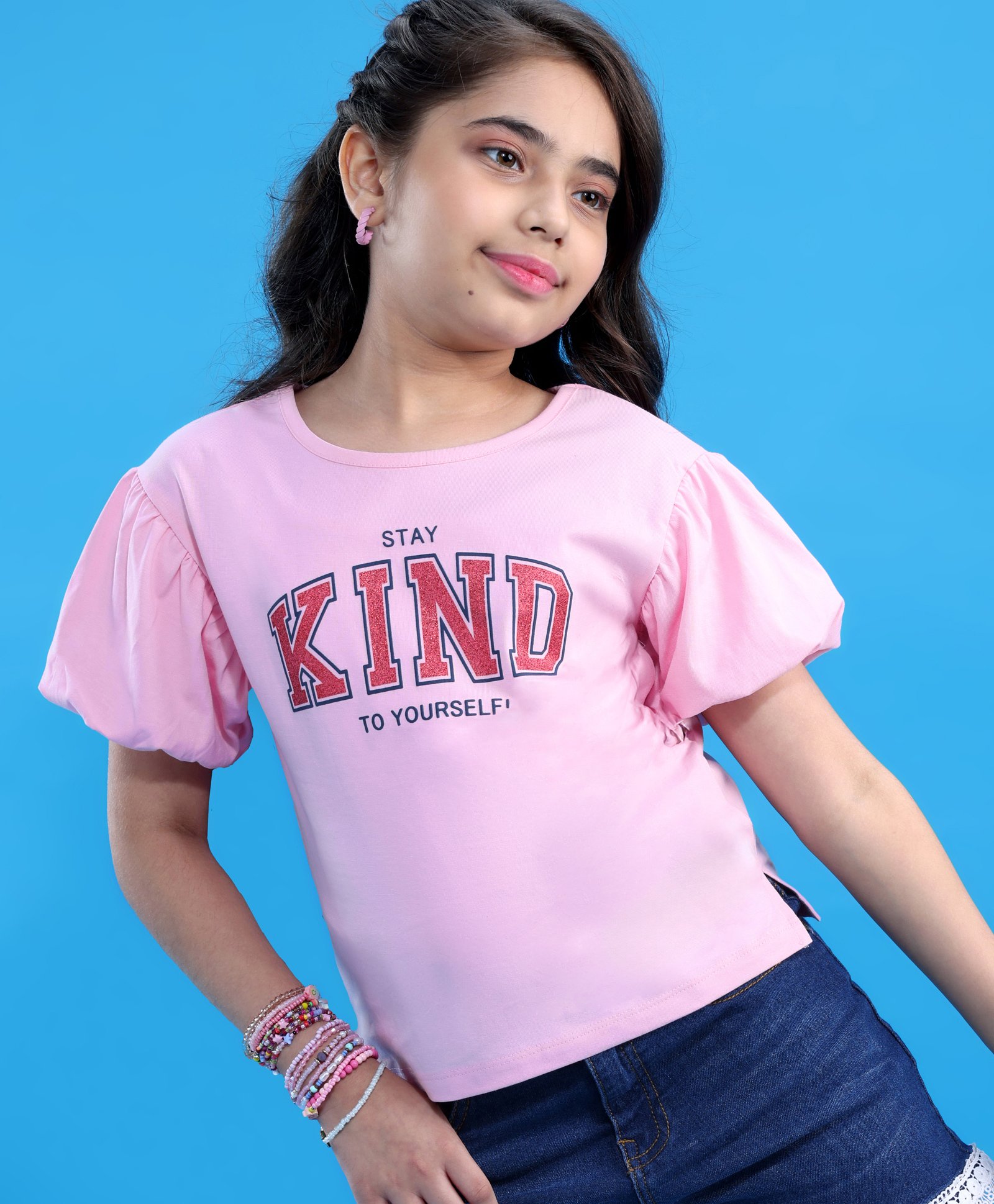 Pine Kids Cotton Half Sleeves Glitter Text Printed Top - Pink Frosting-picture-23