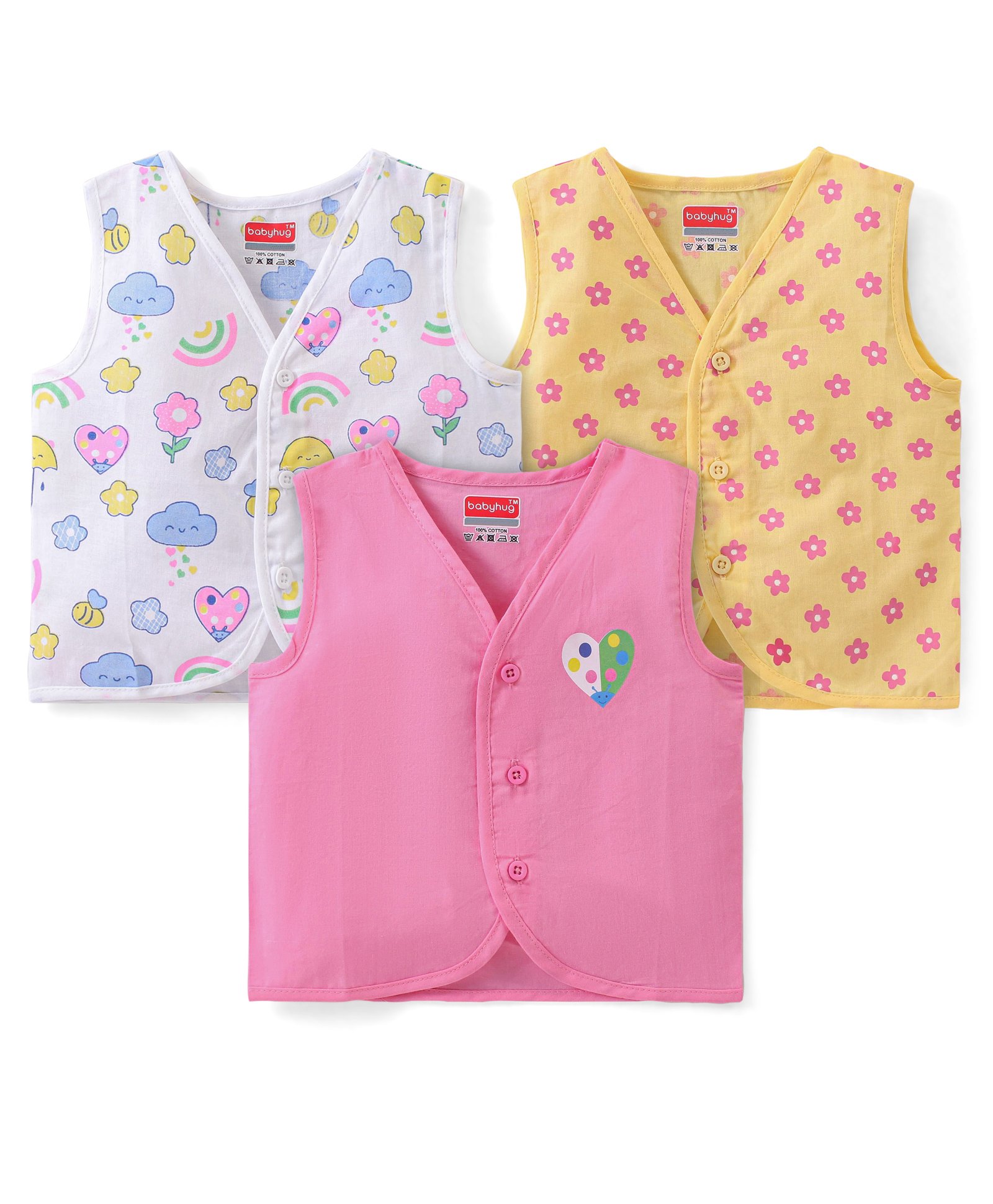 Babyhug 100% Cotton Poplin Sleeveless Front Open Jhablas Floral Print Pack of 3- Pink Yellow & White-image-6
