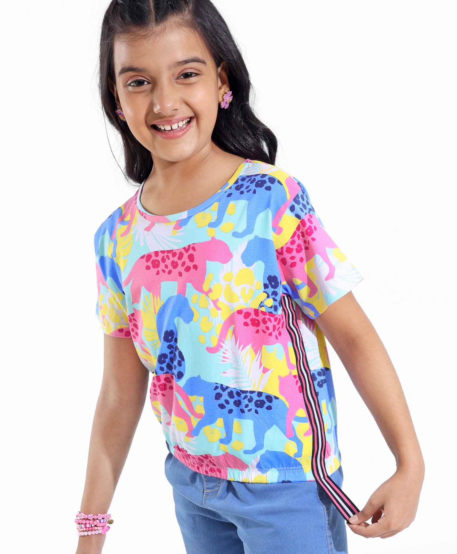 Pine Kids Cotton Half Sleeves Top with Side Tape & Cheetah Print - Limpet Shell-picture-20