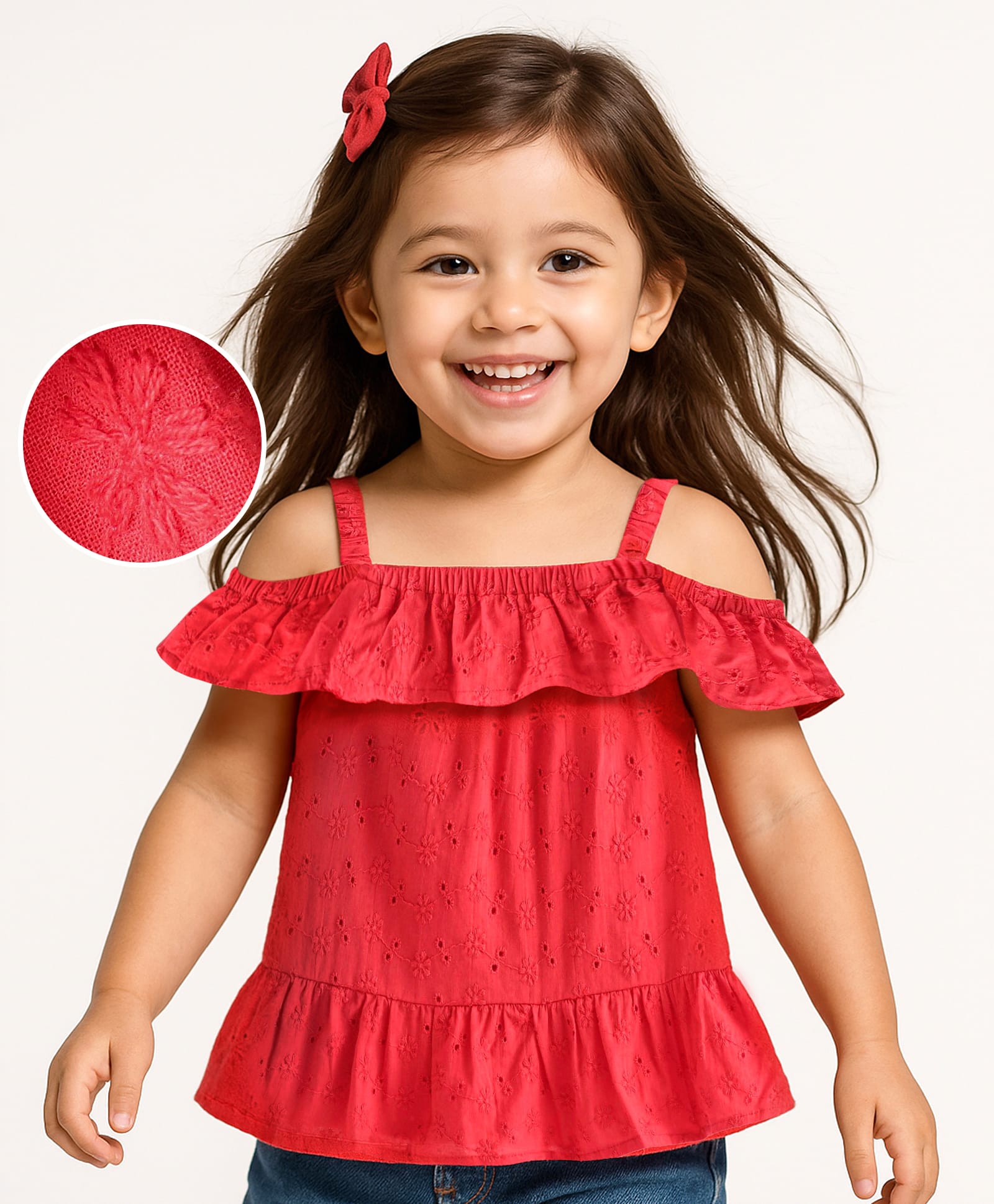 Babyhug Cotton Woven A-Line Half Sleeves Schiffli Top With Frill Detailing - Red-picture-27