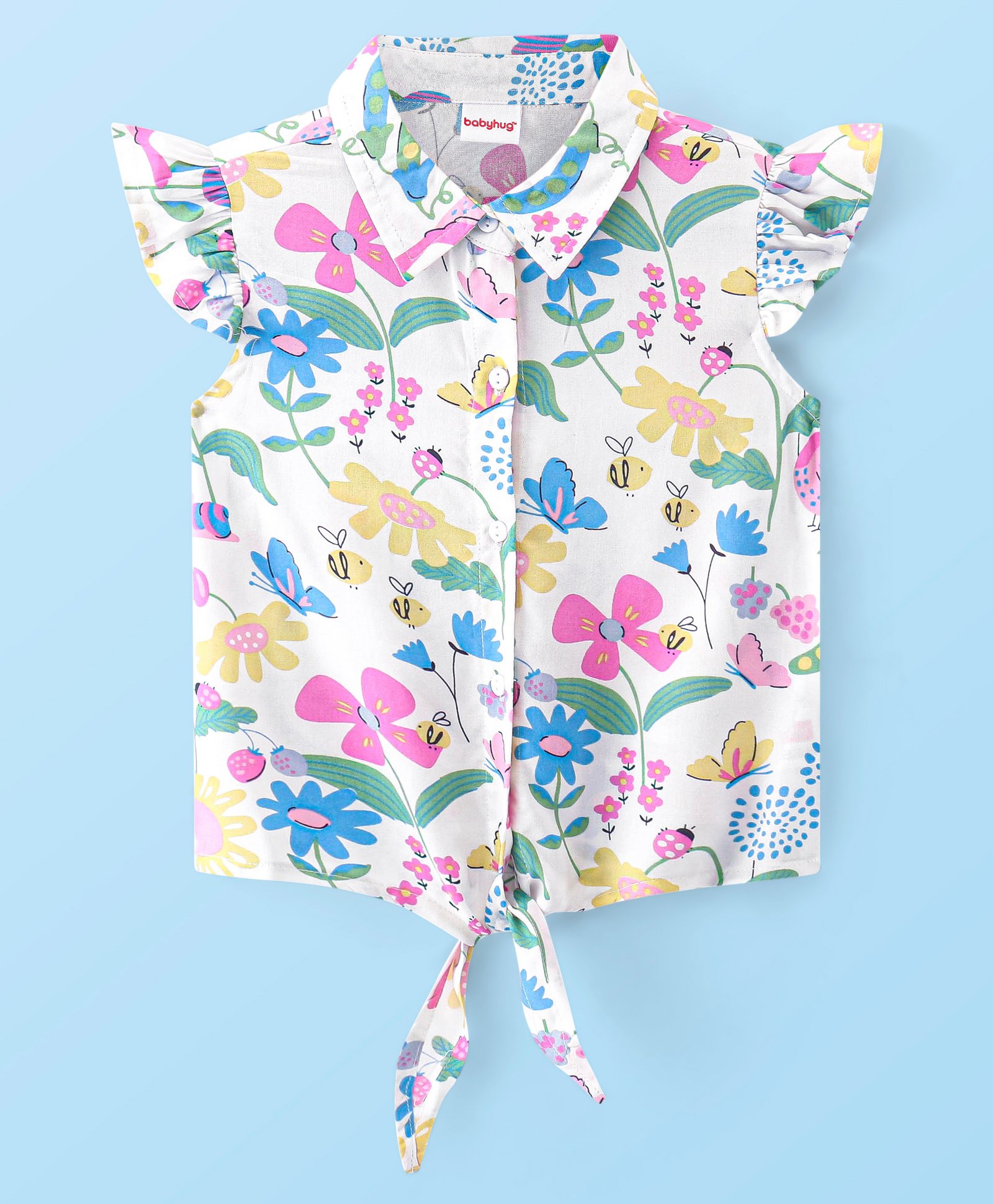 Babyhug Rayon Woven Frill Sleeves Top With Bow and Knot Detailing Floral Print - White