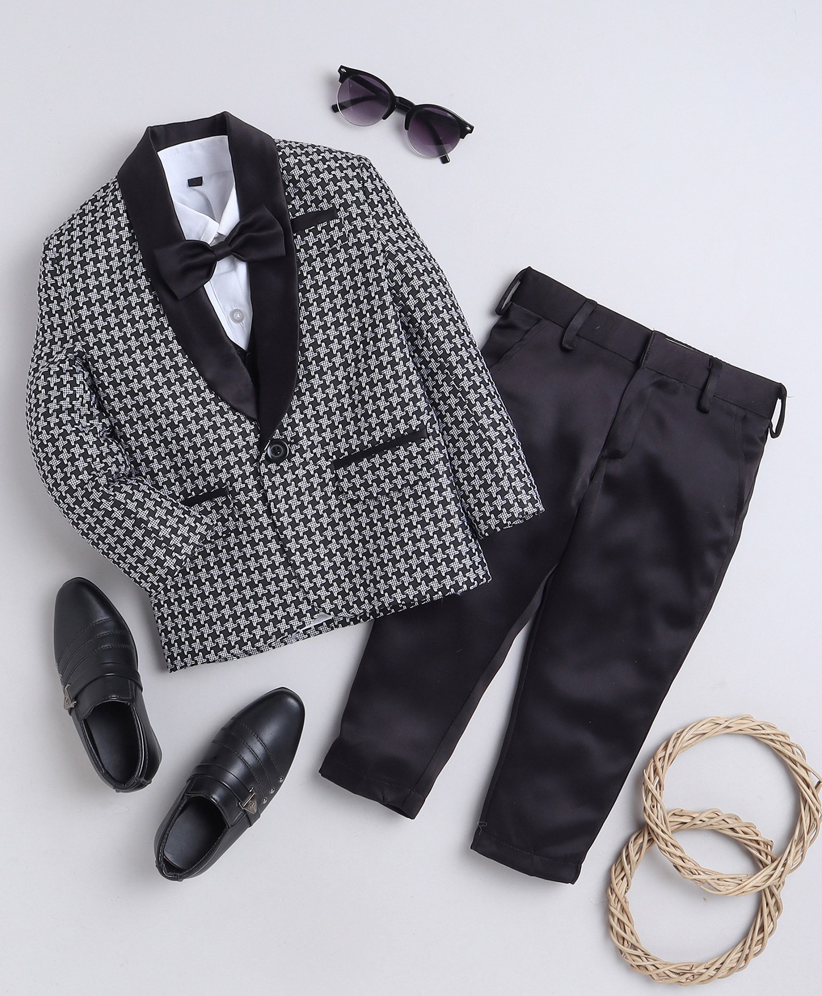 Jeet Ethnics Full Sleeves Houndstooth Printed 5 Piece Shirt & Pant Set - Black-image-21
