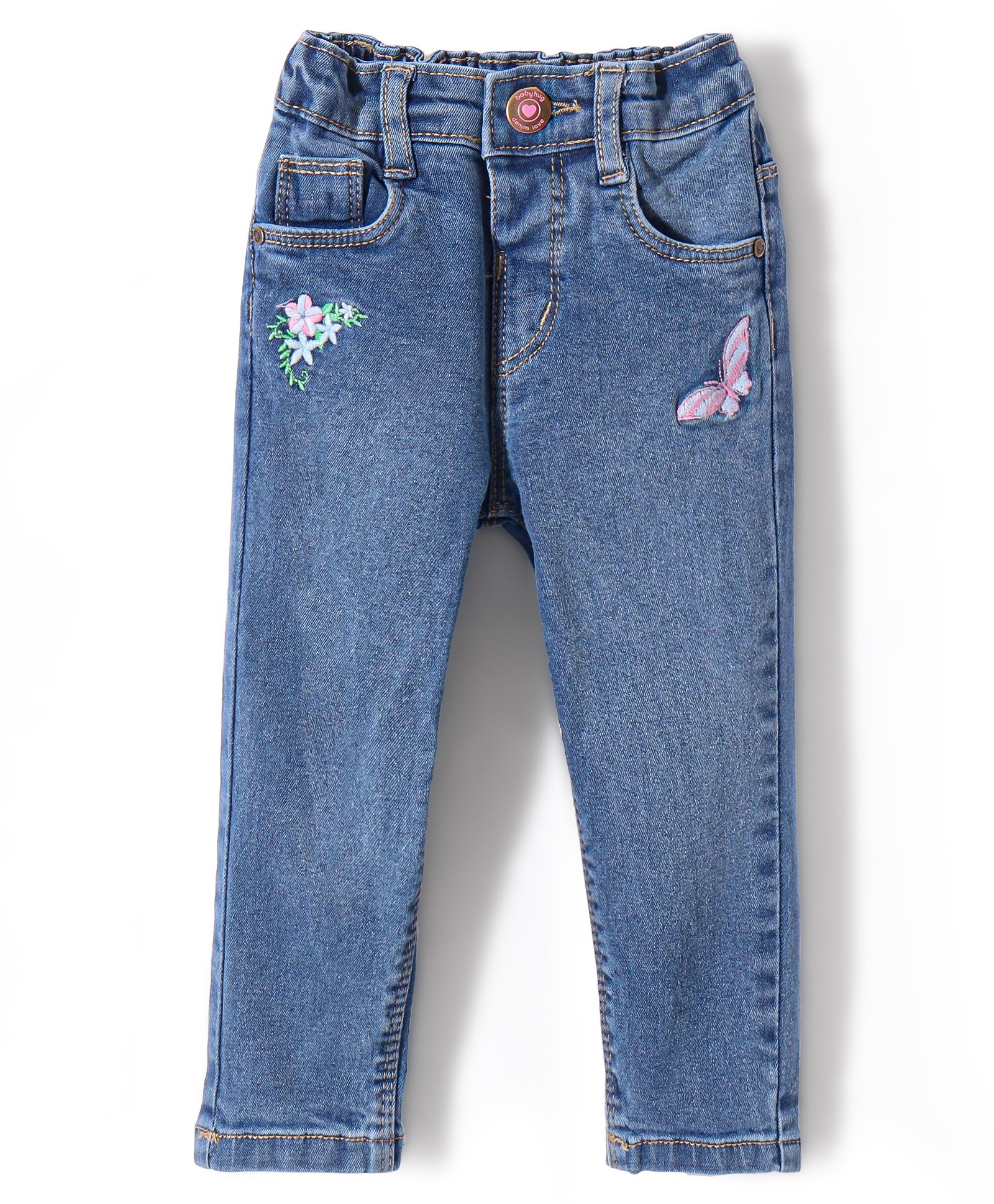 Babyhug Denim Full Length Jeans With Stretch & Butterfly Embroidery - Blue-picture-34