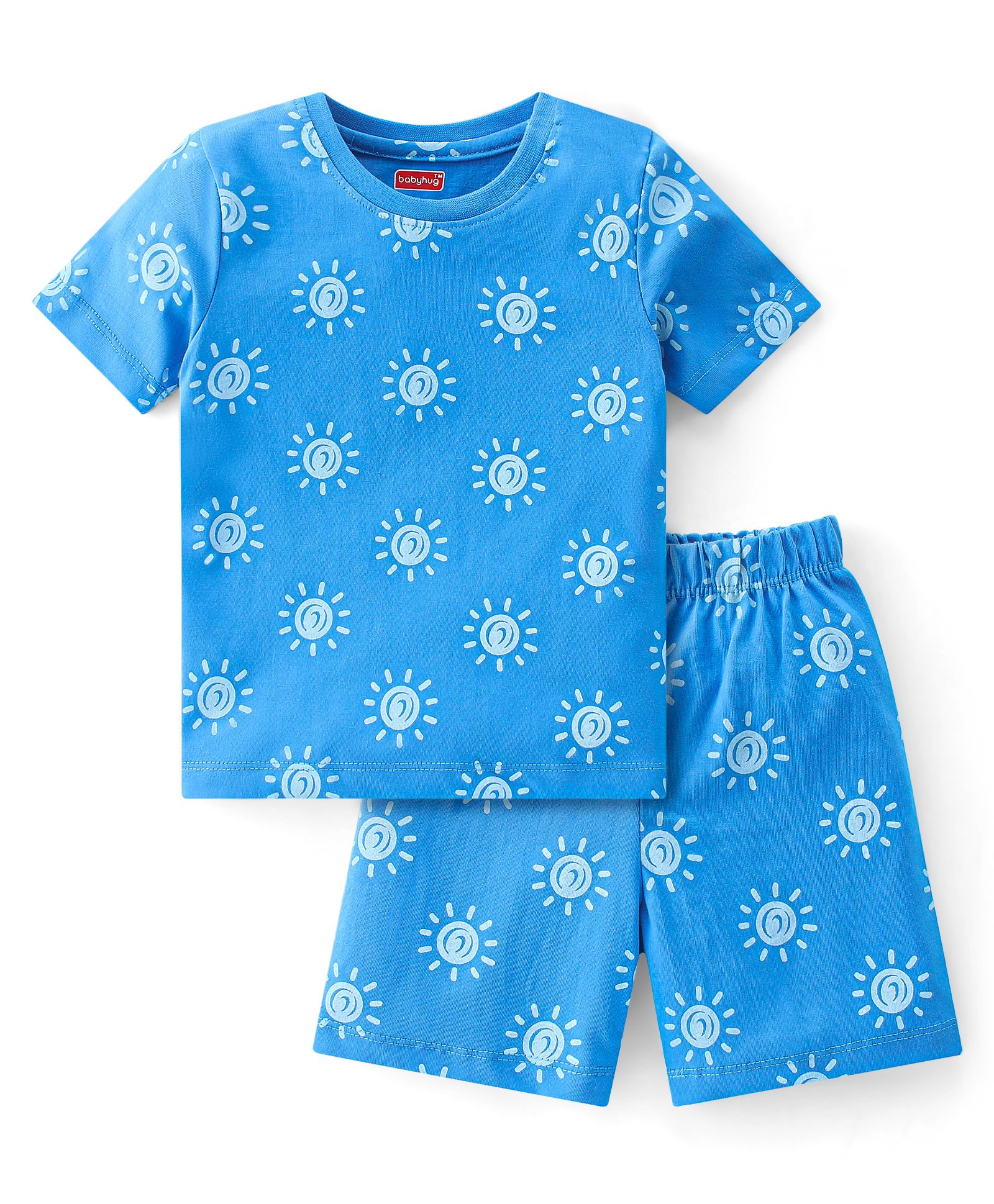 Babyhug Single Jersey Knit Half Sleeves Short Set Sun Print - Blue-image-27