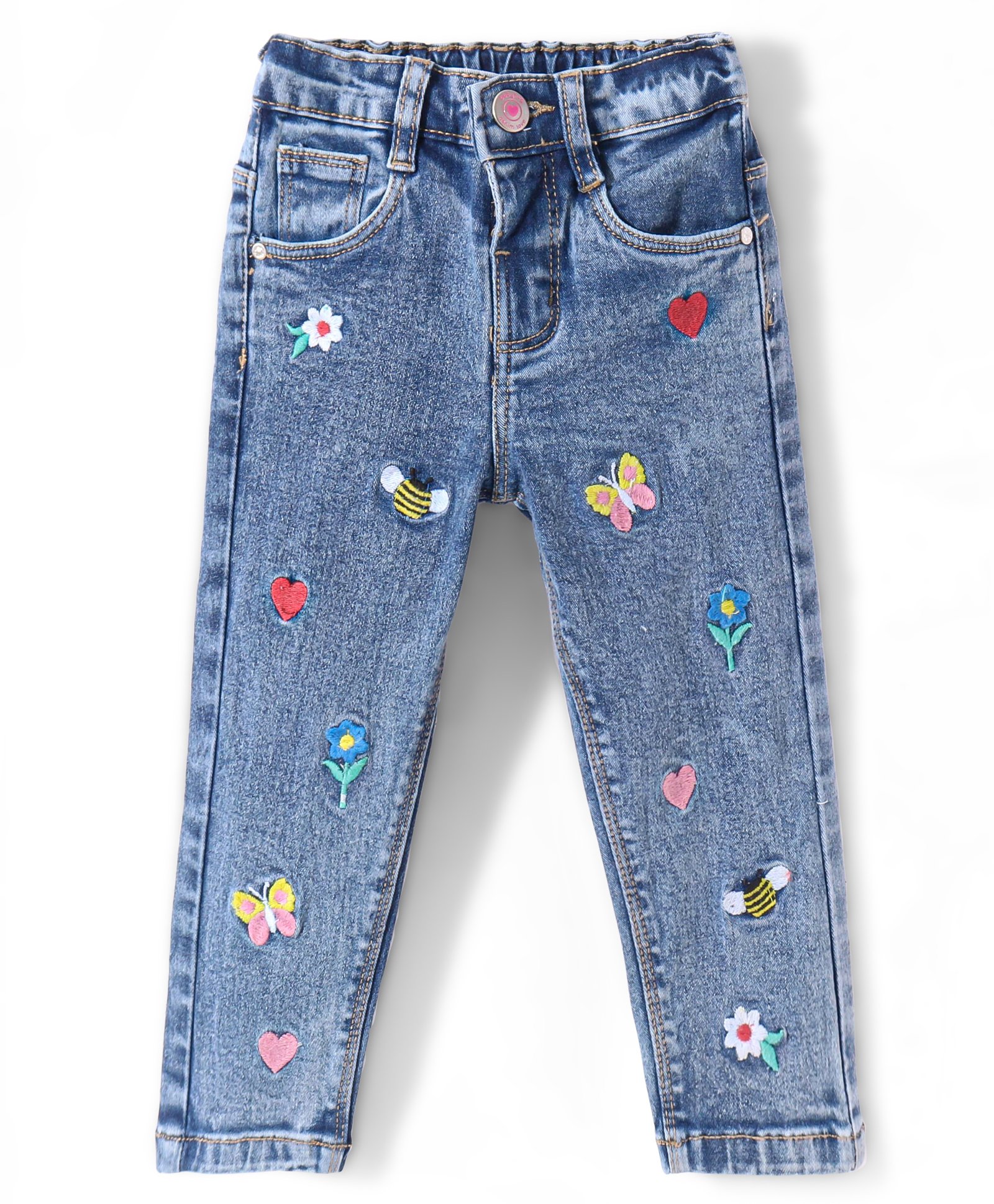 Babyhug Denim Full Length With Stretch Washed Jeans With Butterfly Embroidery - Grey-picture-15