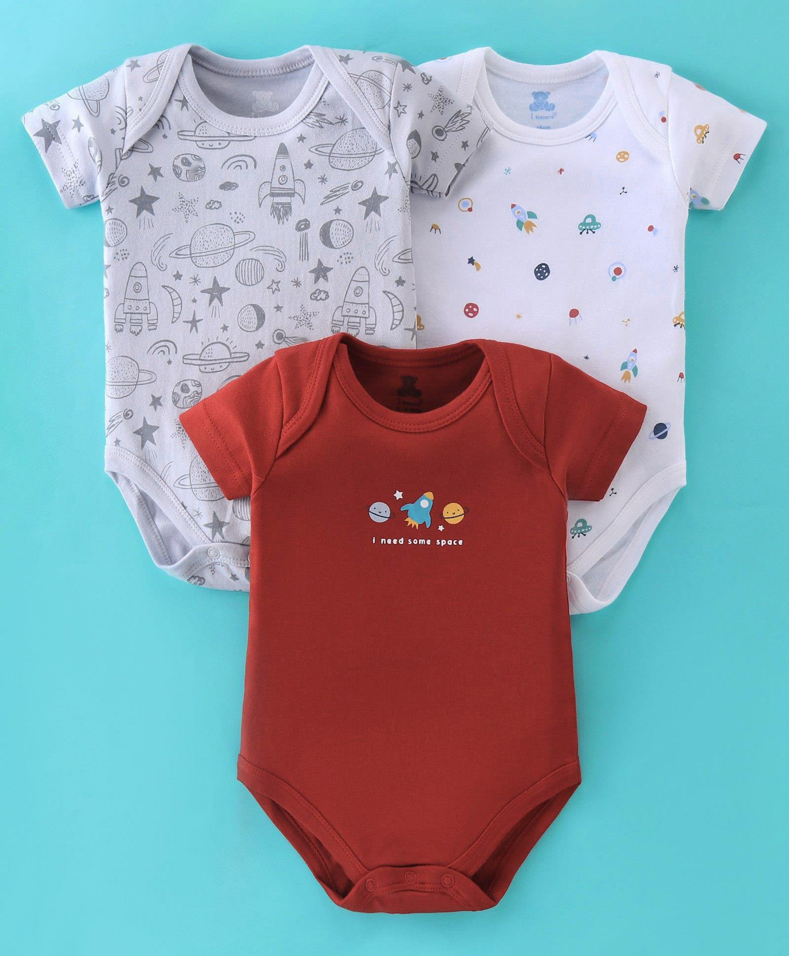I Bears Cotton Half Sleeves Onesies With Space Theme Print Pack Of 3 - Maroon Grey & White-image-40
