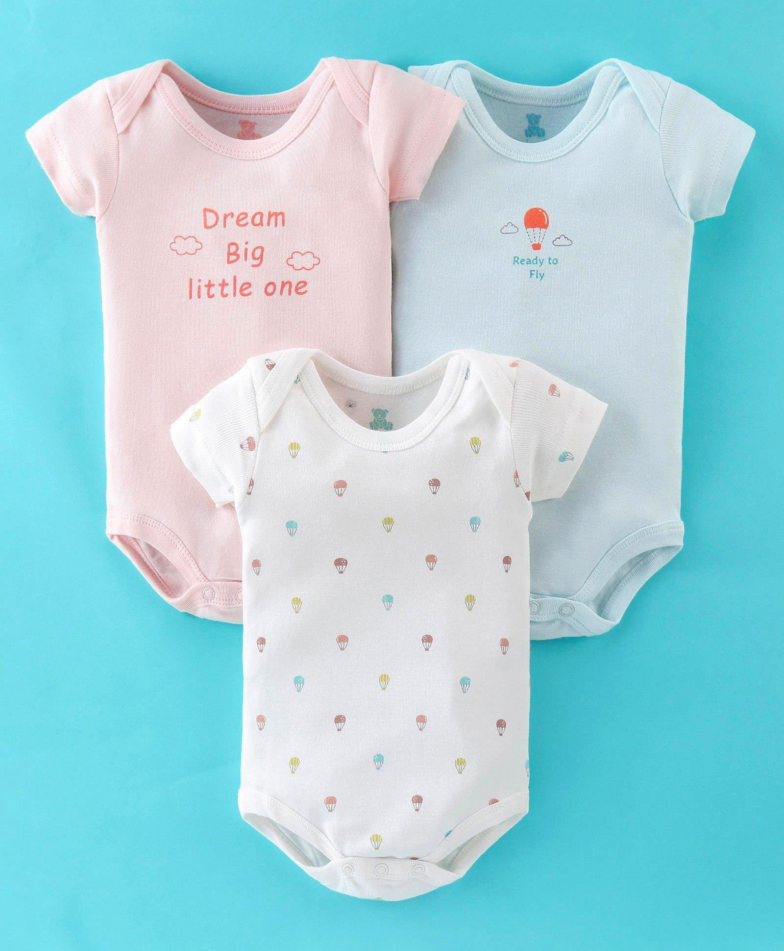 I Bears Cotton Half Sleeves Onesies With Parachute Print Pack Of 3 - Pink Blue & White-image-8