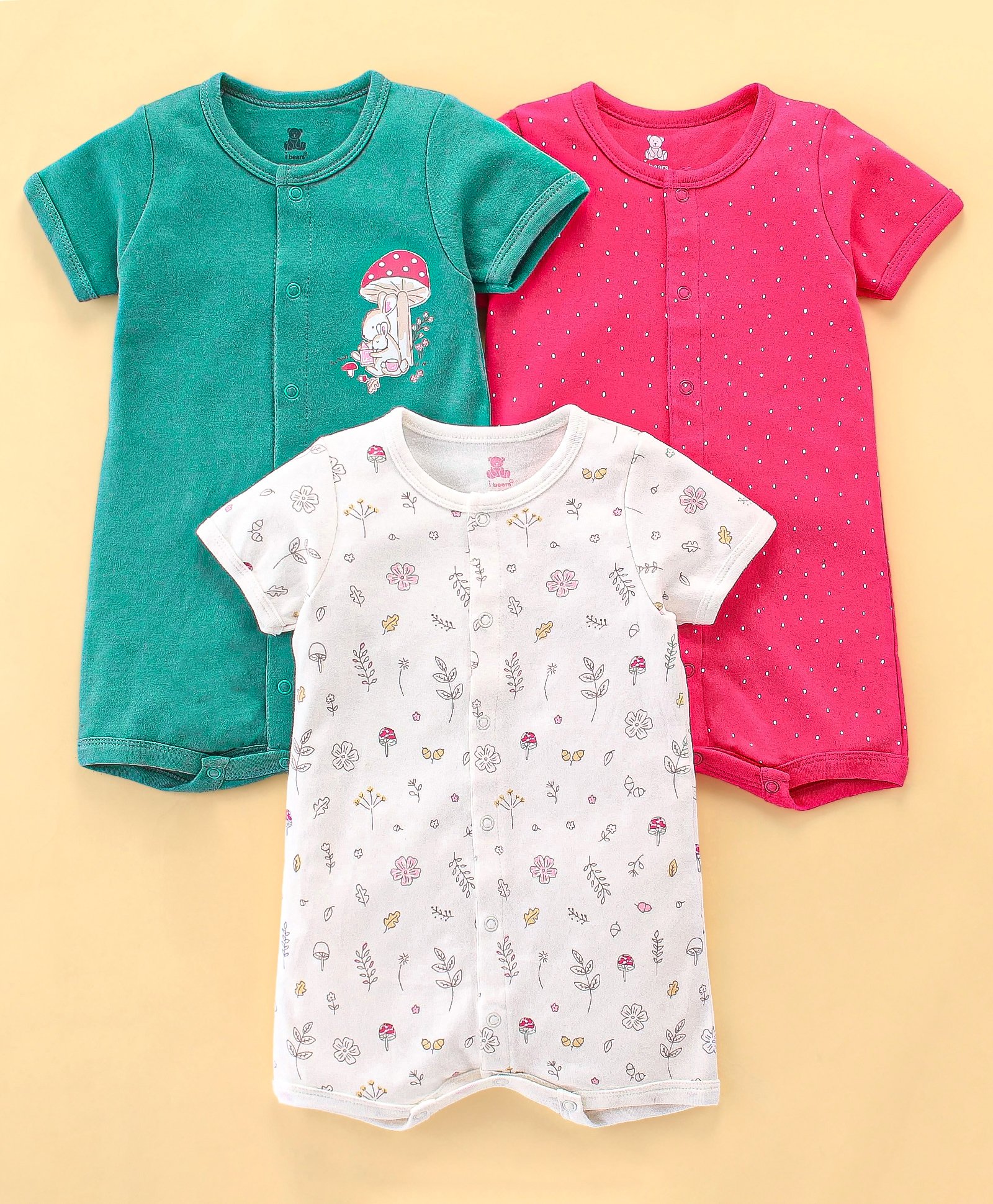 I Bears Cotton Knit Half Sleeves Rompers With Floral & Mushroom Print Pack of 3 - White Green & Pink-image-9