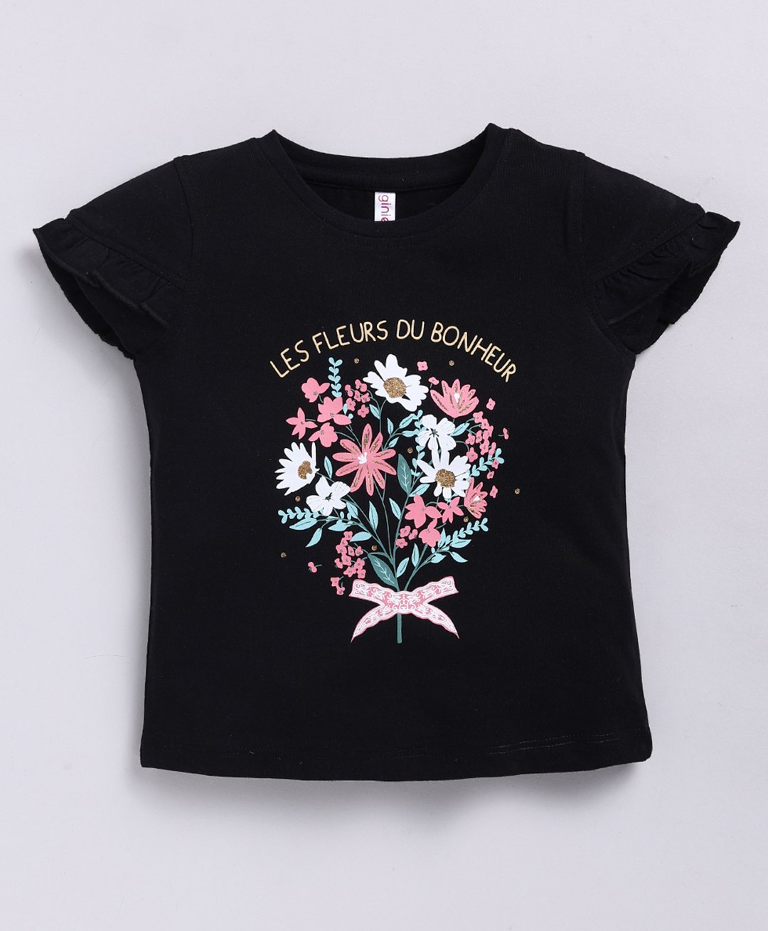 giniekids Cotton Jersey Half Sleeves Floral  Printed Top - Black-picture-29