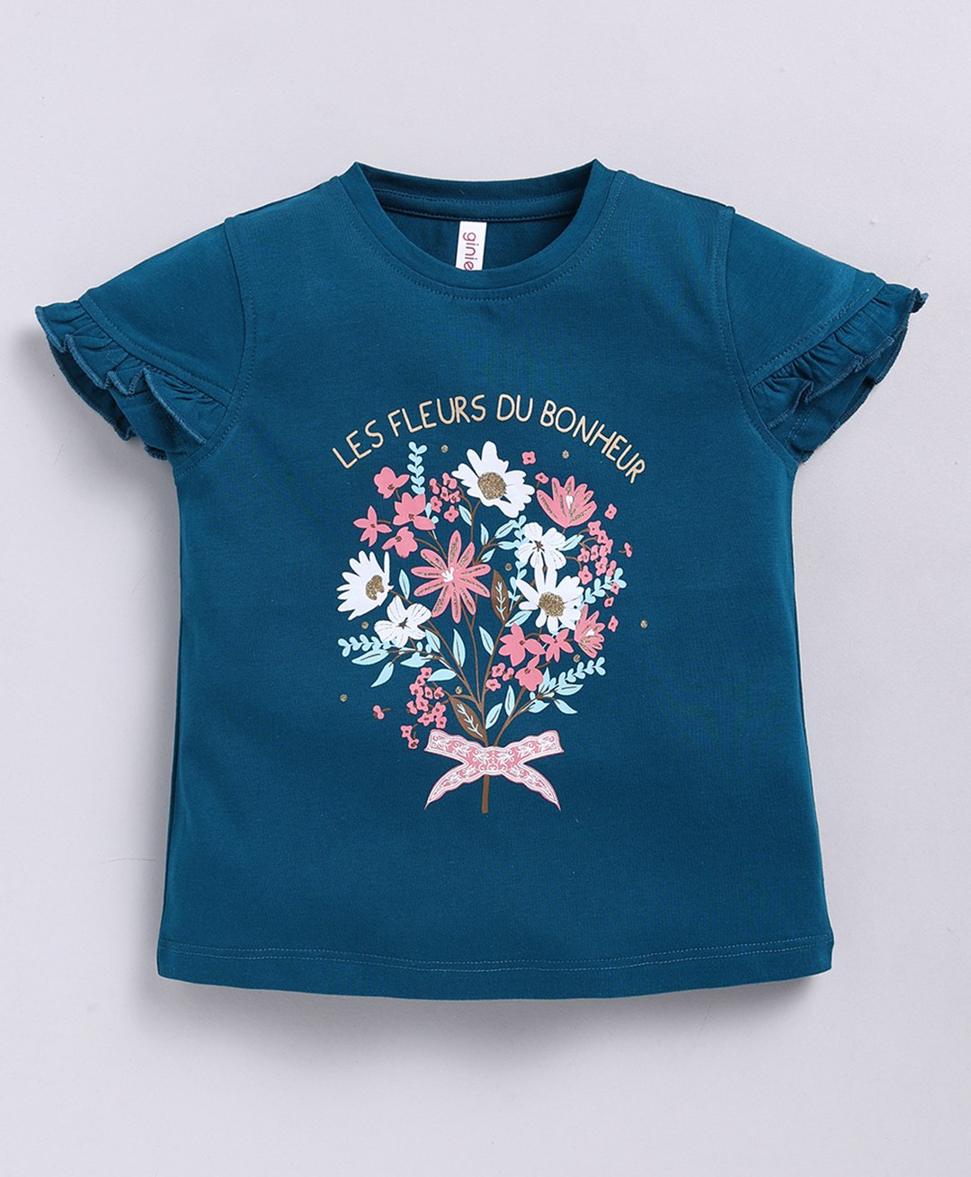 giniekids Cotton Jersey Half Sleeves Floral Printed Top - Blue-picture-14