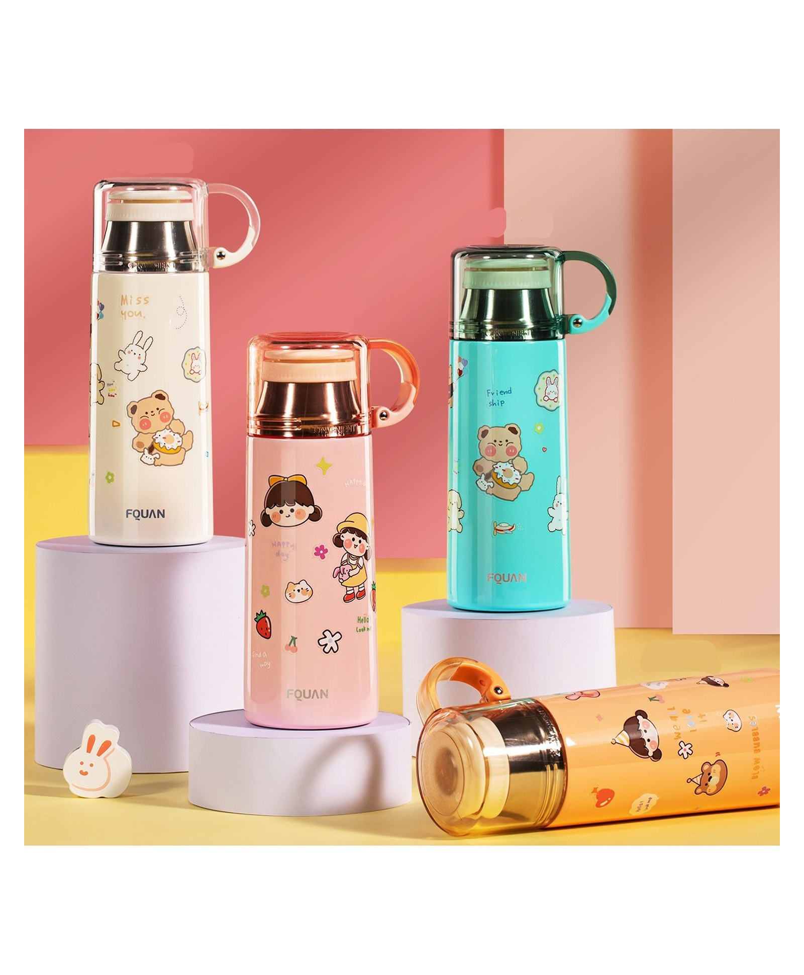 YAMAMA Kawai Stainless Steel 304 Double Wall Water Bottle With Cups for Kids And Adults 520 ml  Color May Vary-image-48