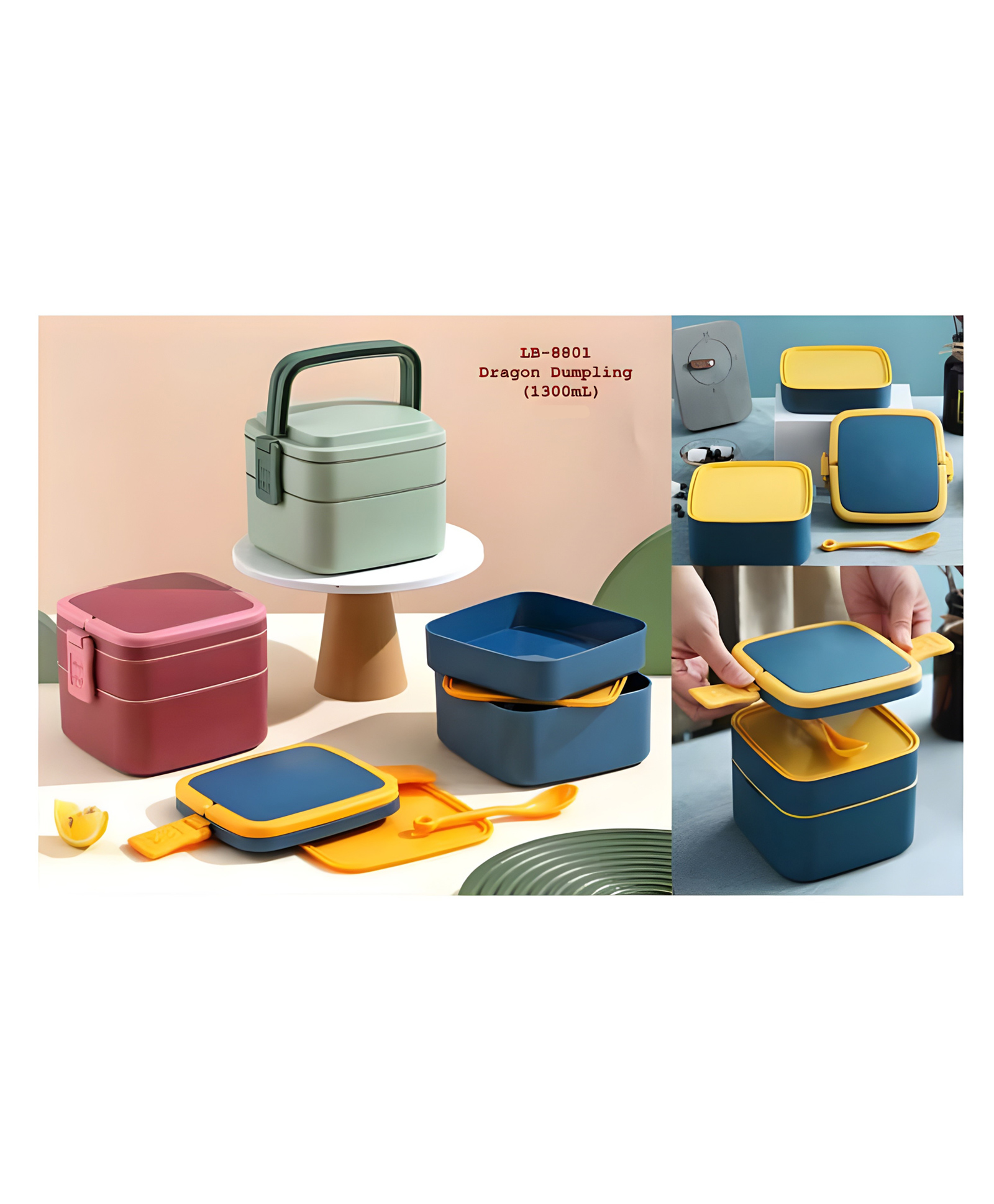 YAMAMA Portable Lunch Box Double Layer Square Lunch Box with Handle For Kids Adults Modern Design Bright Colors Made of Safe Non-toxic Food Grade Material 1300 ml  Color May Vary-image-24