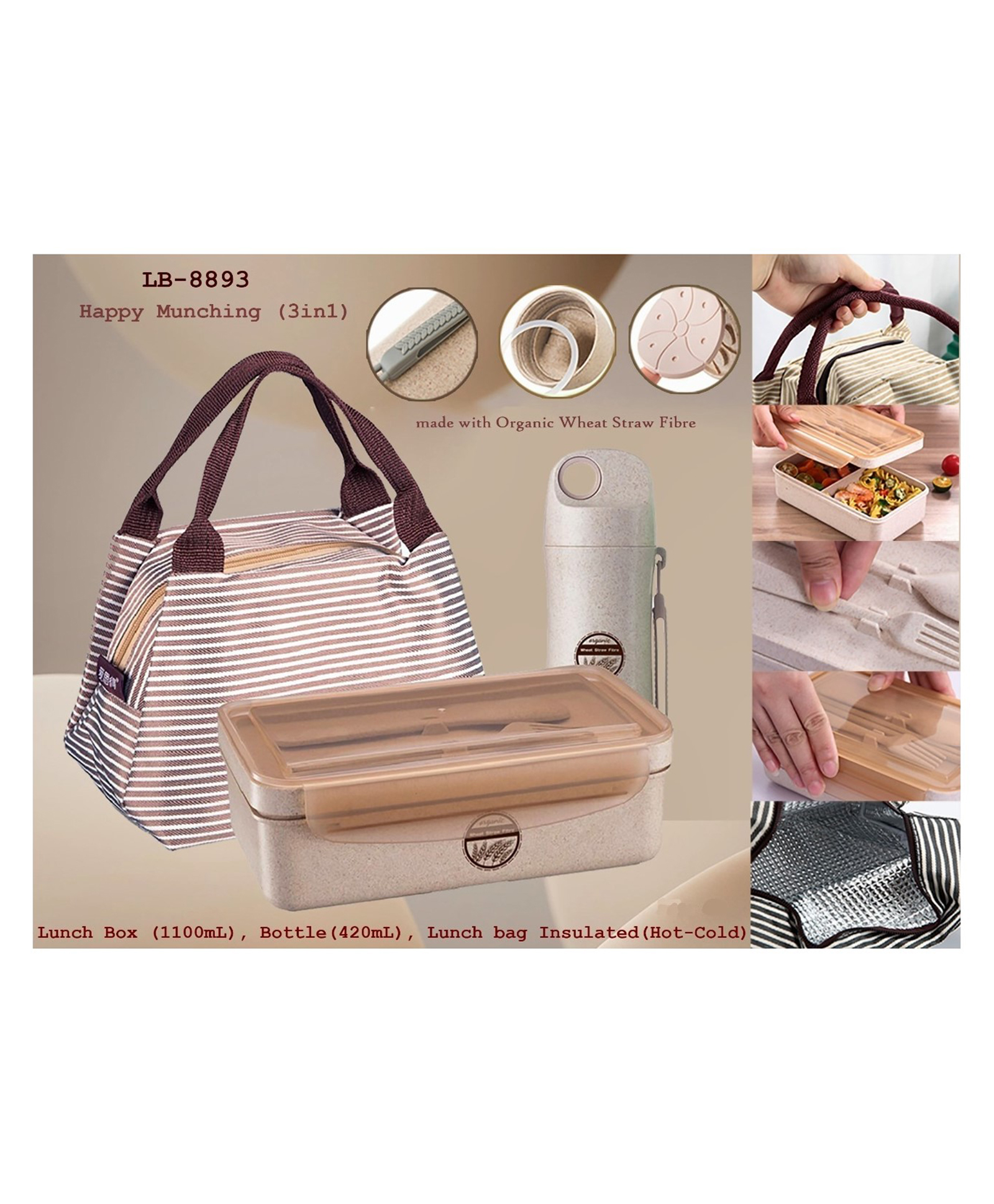 YAMAMA Lunch Box Happy Munching 3 in 1 Lunch Box With Bag And Bottle Modern Design Portable Lunch Box 1100 ml  (Pack of 1 - Multicolor)-image-35