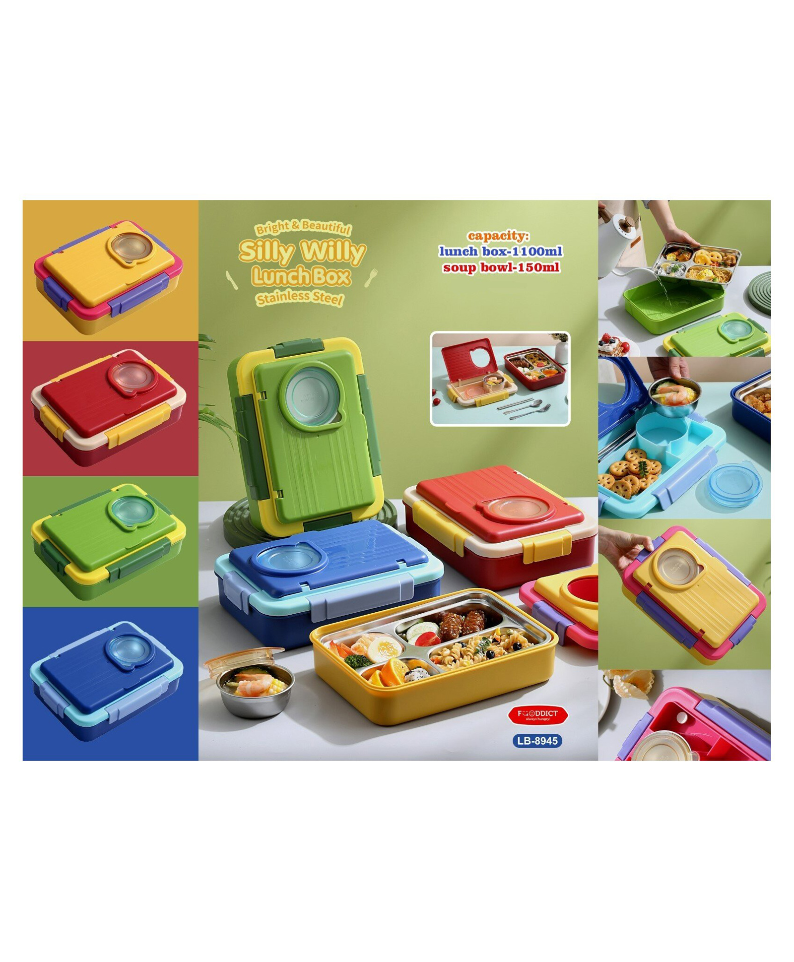 YAMAMA Insulated Lunch Box Silly Willy Stainless Steel Lunch Box Six Compartment Leak-Proof BPA Free Lunch Box Portable Lunch Box 1100 ml  (Pack of 1  Color May Vary)-image-45