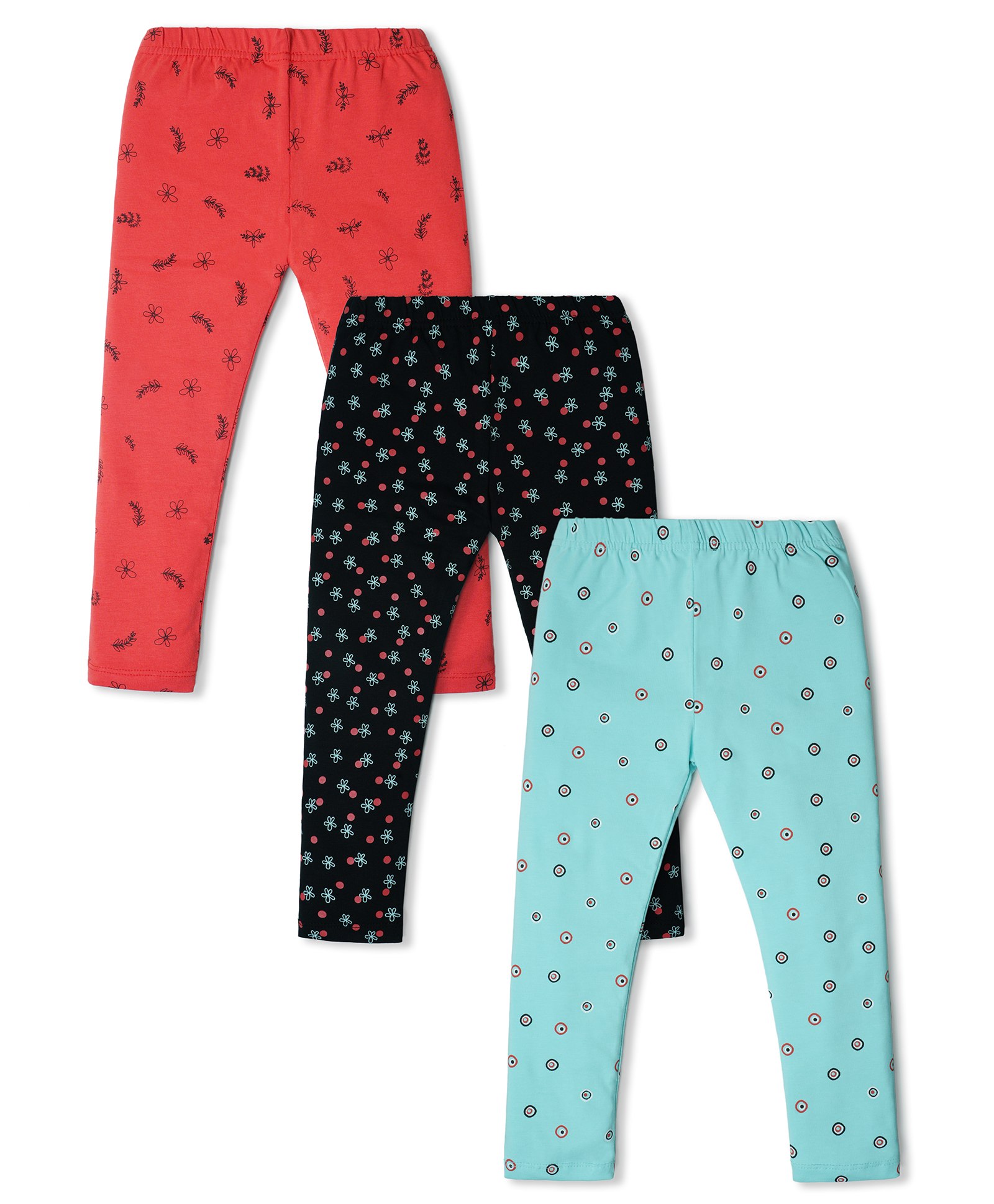 Nino Togs Pack Of 3 Floral Printed Bio Washed Cotton Lycra Leggings Set - Coral Black & Sea Green-picture-17