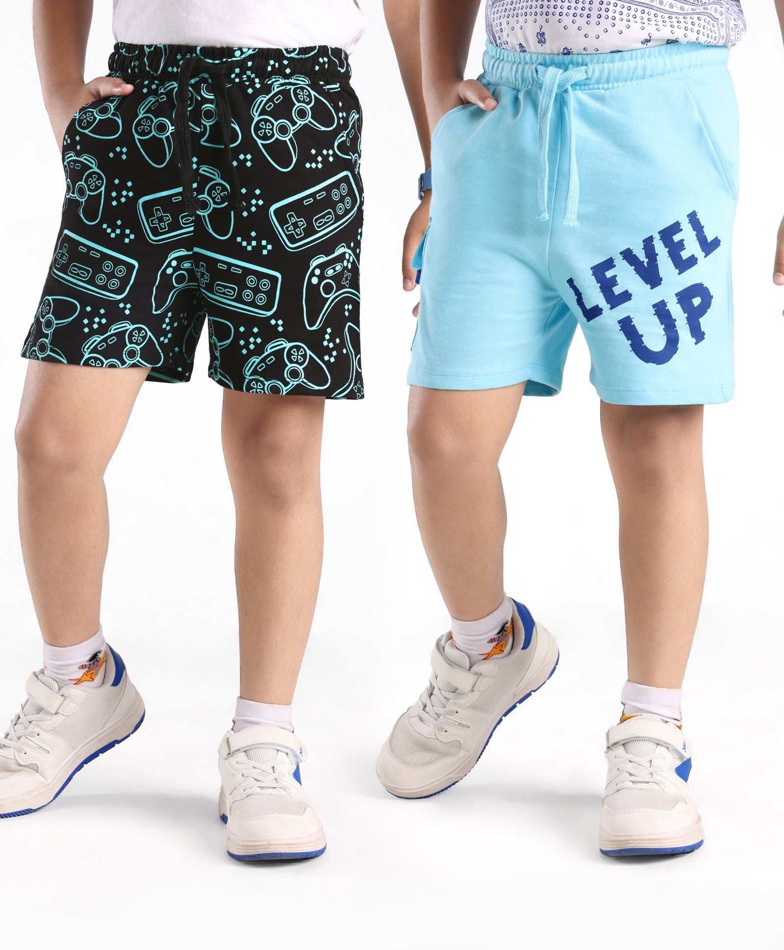 Honeyhap Premium Terry 100% Cotton Above Knee Length Shorts With Bio Finish Text Print Pack Of 2 - Black & Blue-picture-19