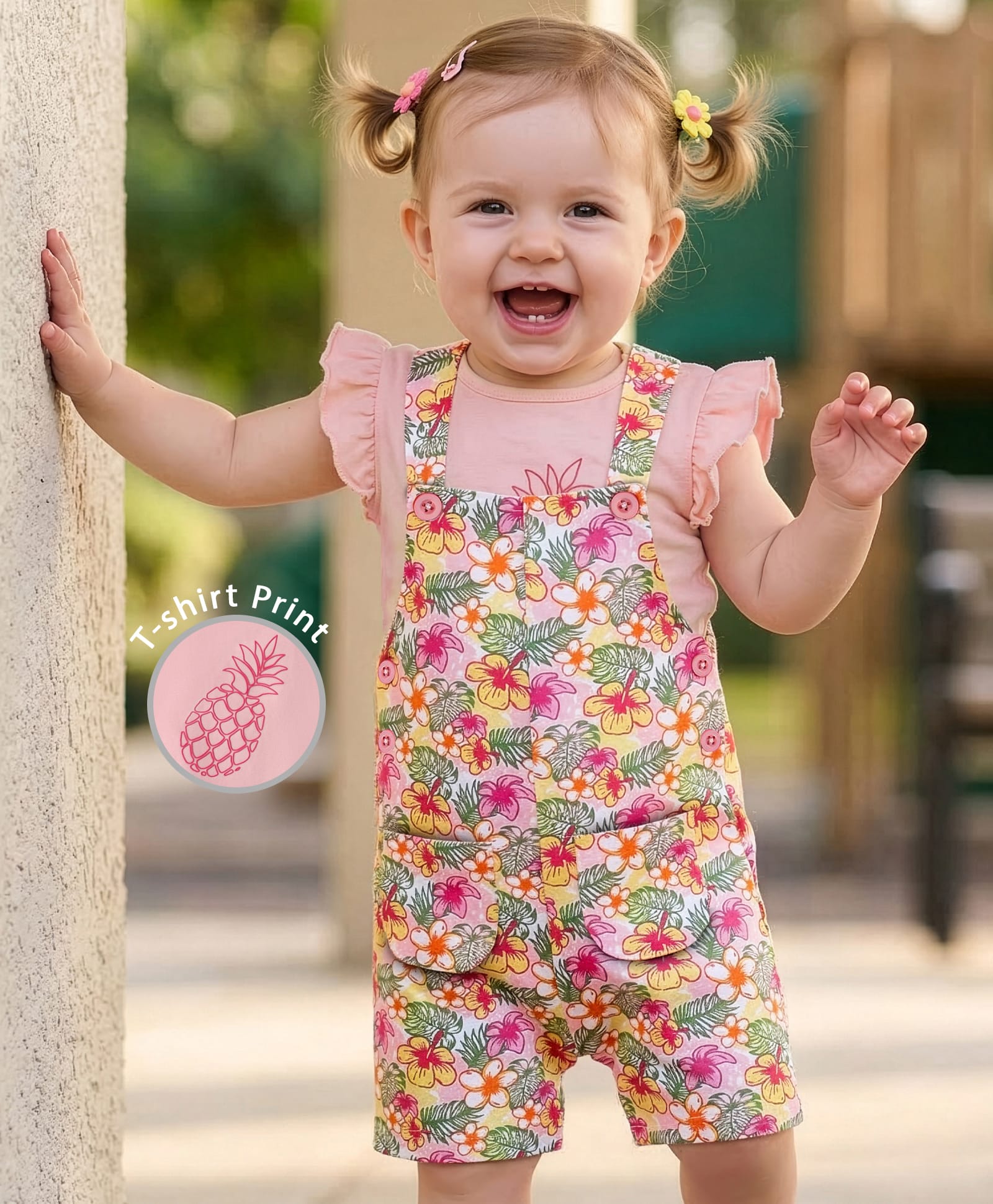 Babyoye Cotton Lycra Knit Dungaree and Frill Sleeves T-Shirt Pineapple & Floral Print - Pink & White-image-3