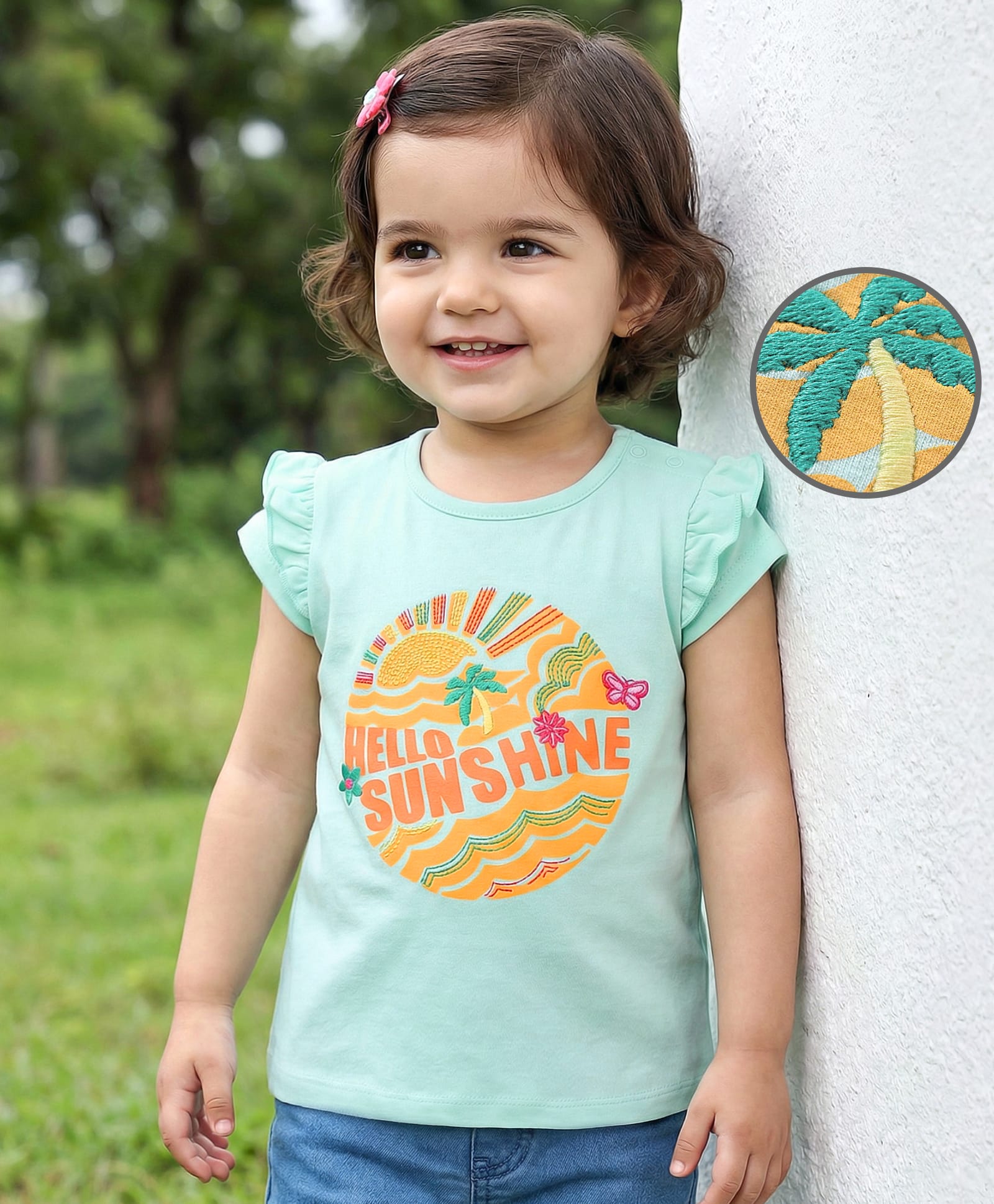 Babyoye  Cotton Lycra Knit Half Sleeves T-Shirt with Frill Detailing & Text Print - Blue-image-9