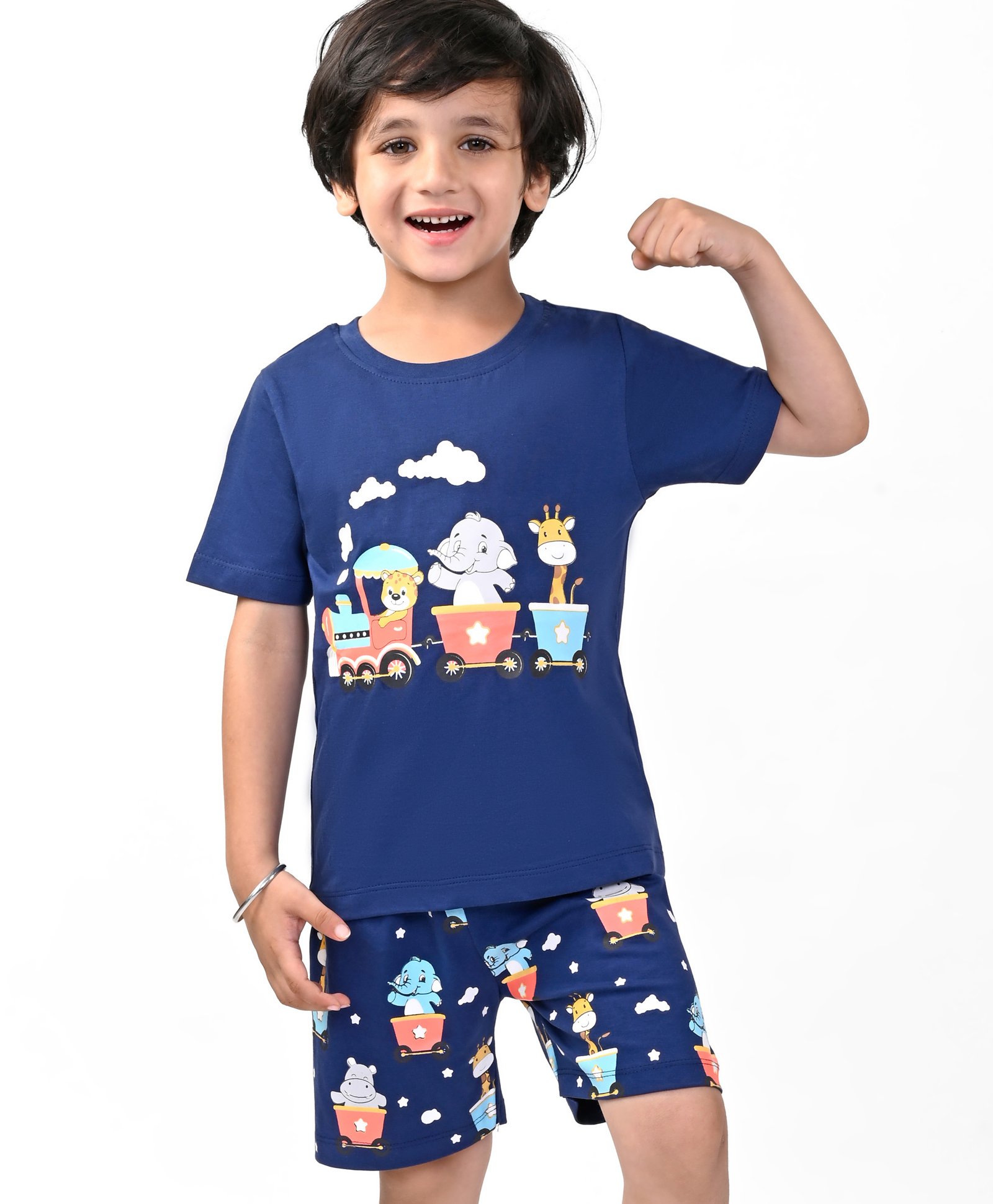 Babyhug Cotton Knit Half Sleeves Animal Printed Night Suit - Navy-image-1