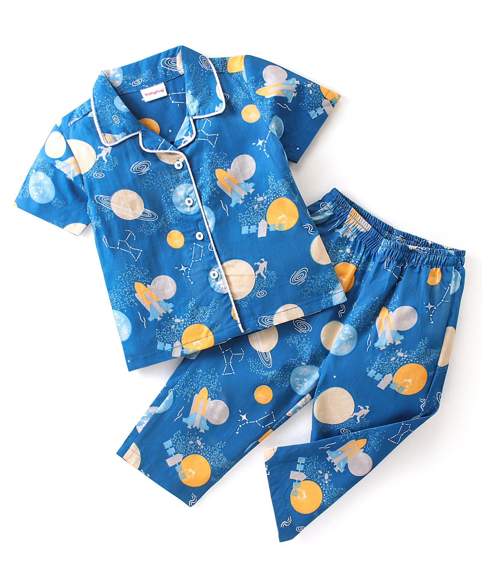 Babyhug Cotton Woven Half Sleeves Night Suit Astronut Print - Blue-image-49